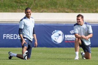 FREDERICIA, DENMARK - JUNE 11: Chris Smalling (L) and Phil Jones (R) during the England U21's training session at Monjasa Park Stadium on June 11, 2011 in Fredericia, Denmark.  (Photo by Michael Steele/Getty Images)