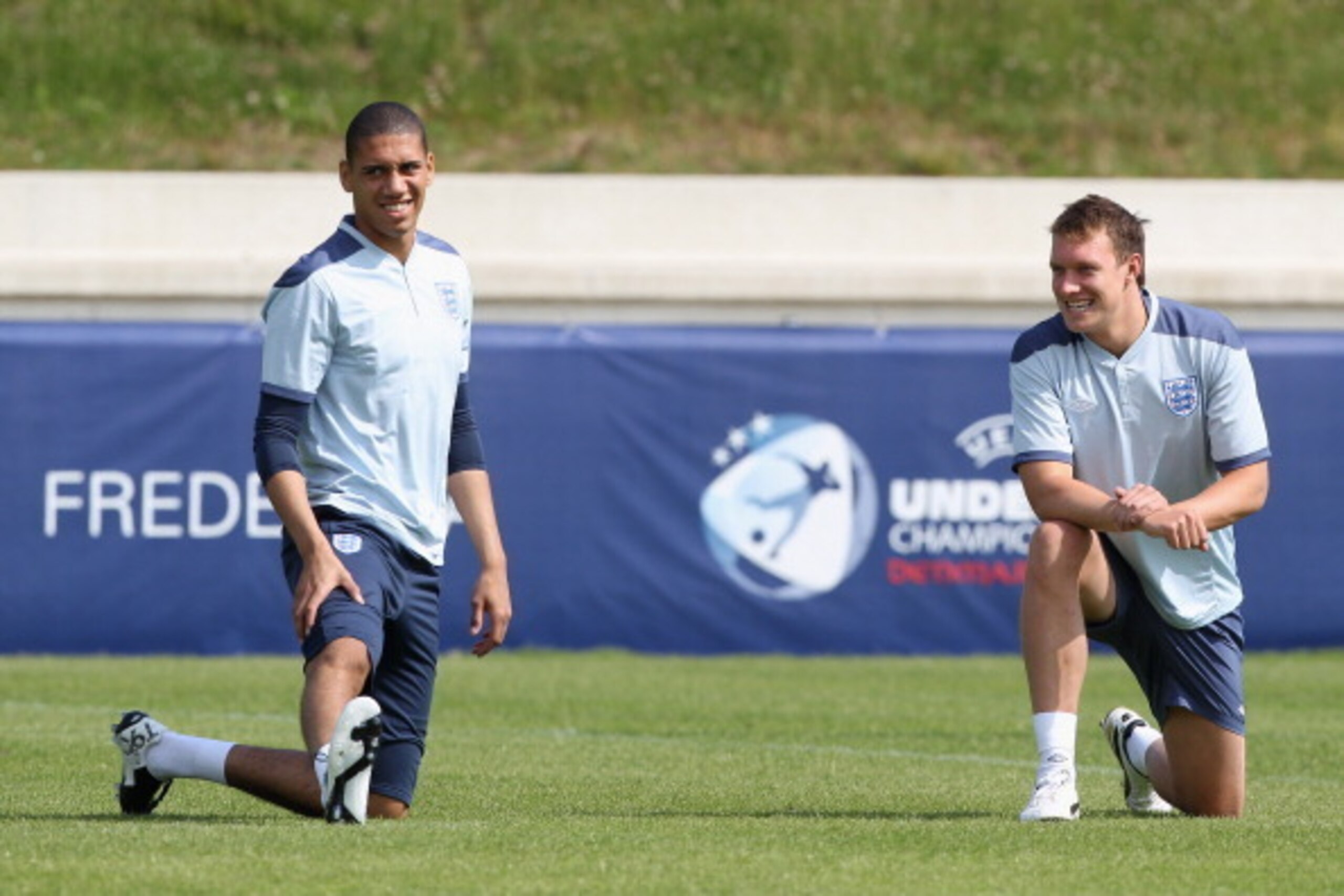 FREDERICIA, DENMARK - JUNE 11: Chris Smalling (L) and Phil Jones (R) during the England U21's training session at Monjasa Park Stadium on June 11, 2011 in Fredericia, Denmark.  (Photo by Michael Steele/Getty Images)