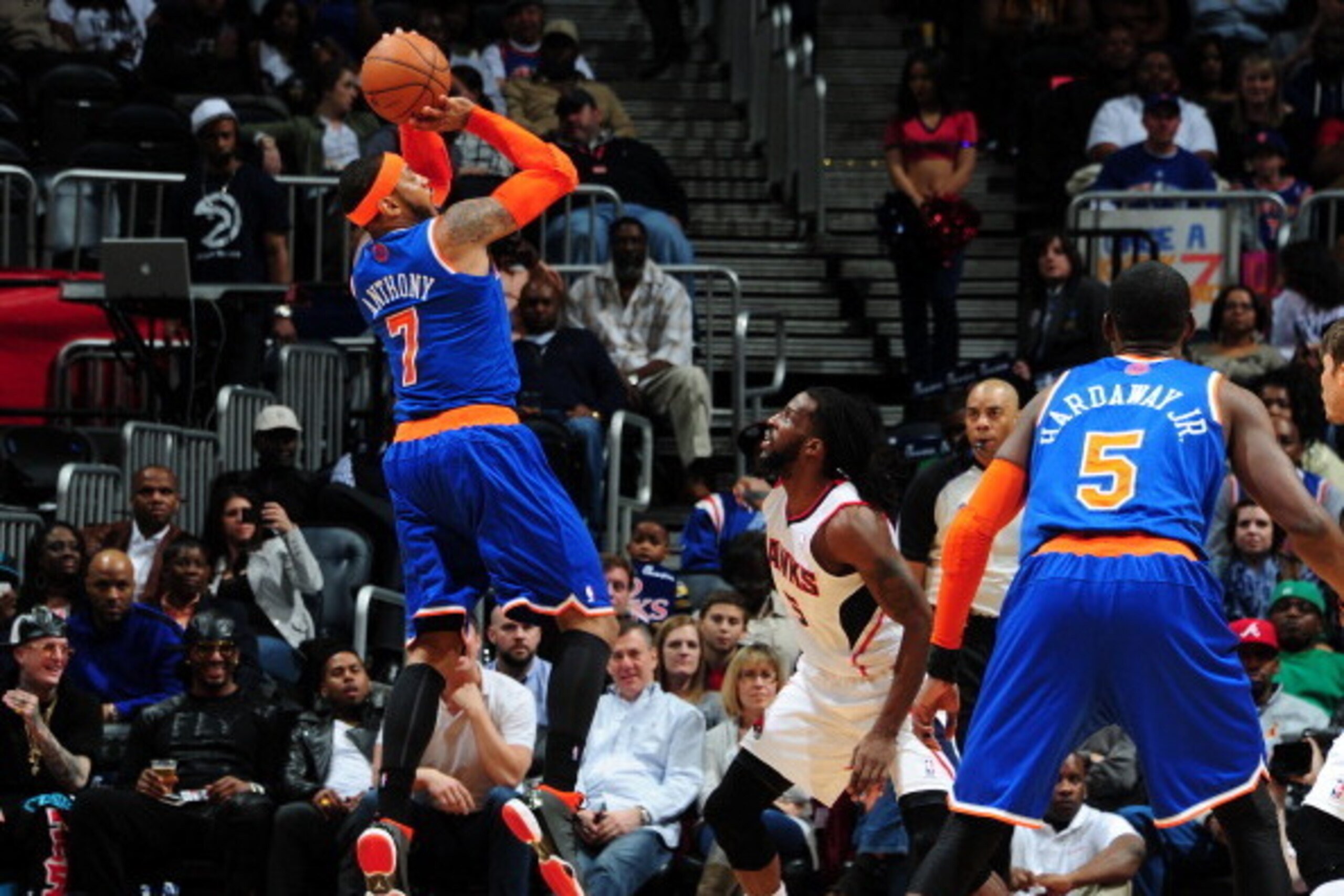 ATLANTA, GA - FEBRUARY 22:  Carmelo Anthony #7 of the New York Knicks takes a shot during a game against the Atlanta Hawks on February 22, 2014 at Philips Arena in Atlanta, Georgia.  NOTE TO USER: User expressly acknowledges and agrees that, by downloadin