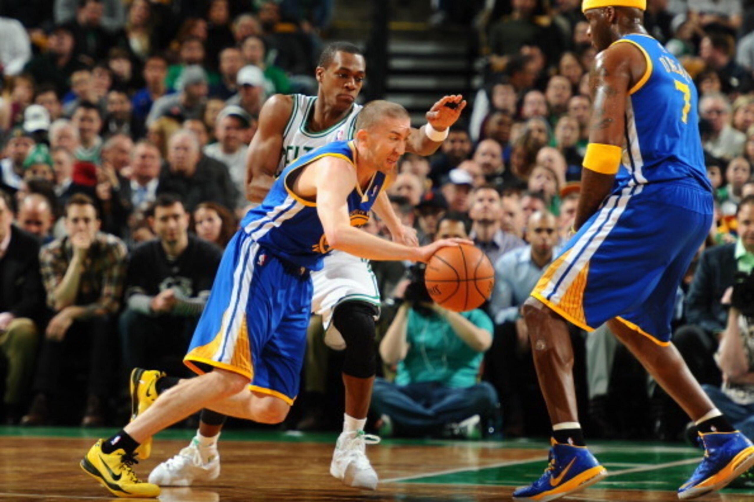 BOSTON, MA - MARCH 5: Steve Blake #25 of the Golden State Warriors drives against the Boston Celtics on March 5, 2014 at the TD Garden in Boston, Massachusetts.  NOTE TO USER: User expressly acknowledges and agrees that, by downloading and or using this p