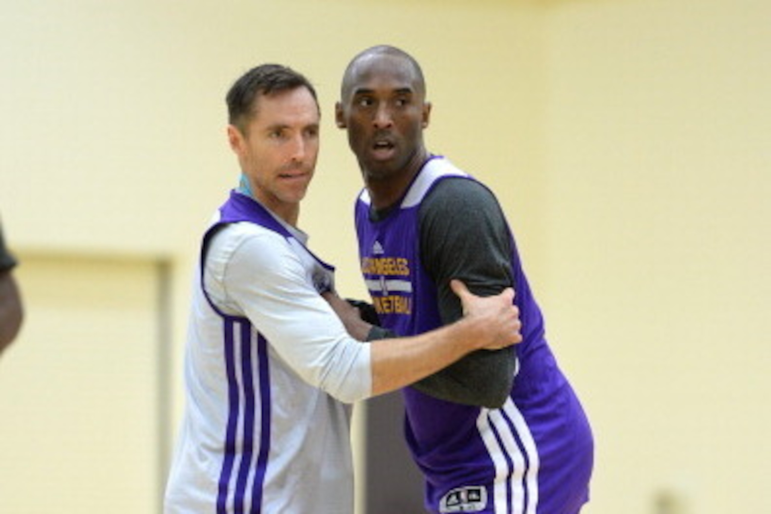 EL SEGUNDO, CA - DECEMBER 3:  Kobe Bryant #24 of the Los Angeles Lakers looks to get open against Steve Nash #10 of the Los Angeles Lakers during practice on December 3, 2013 at Toyota Sports Center in El Segundo, California. NOTE TO USER: User expressly 