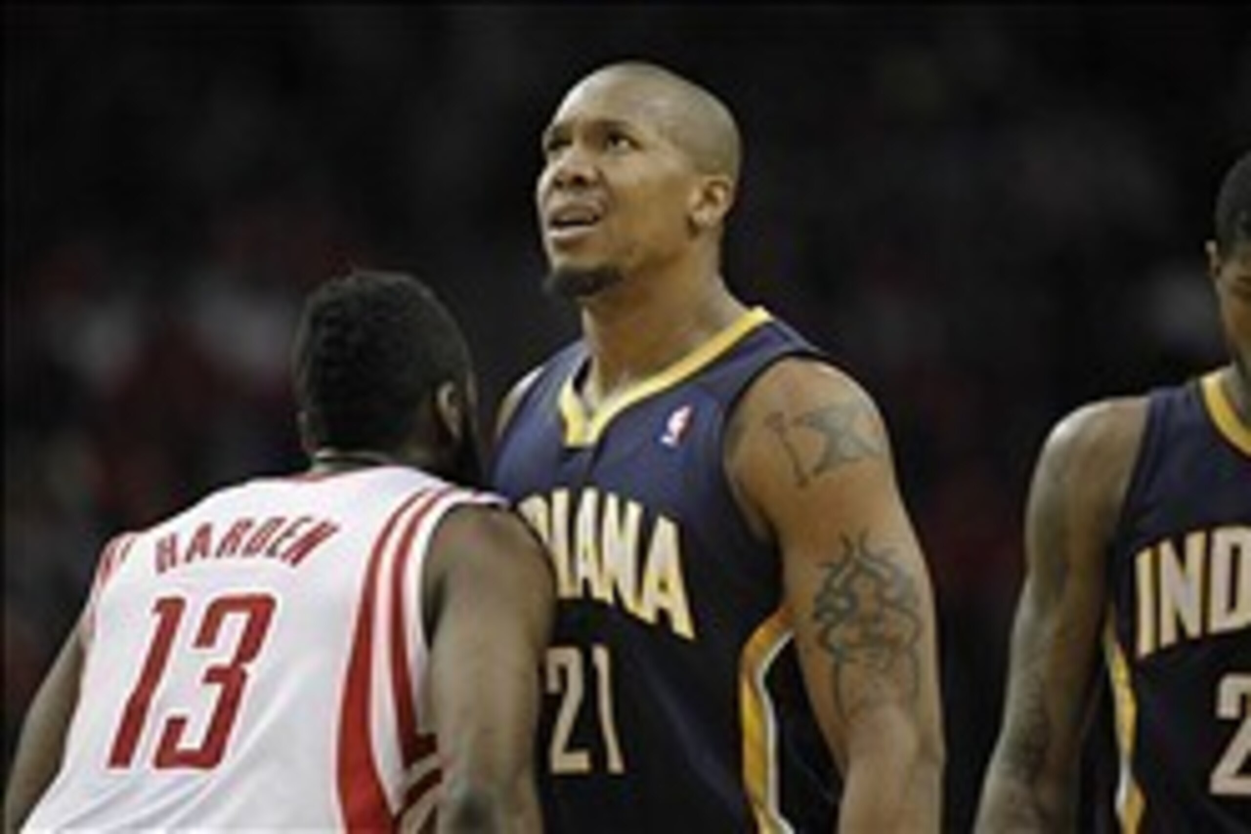 Mar 7, 2014; Houston, TX, USA; Indiana Pacers power forward David West (21) reacts to a play during the second quarter against the Houston Rockets at Toyota Center. Mandatory Credit: Andrew Richardson-USA TODAY Sports