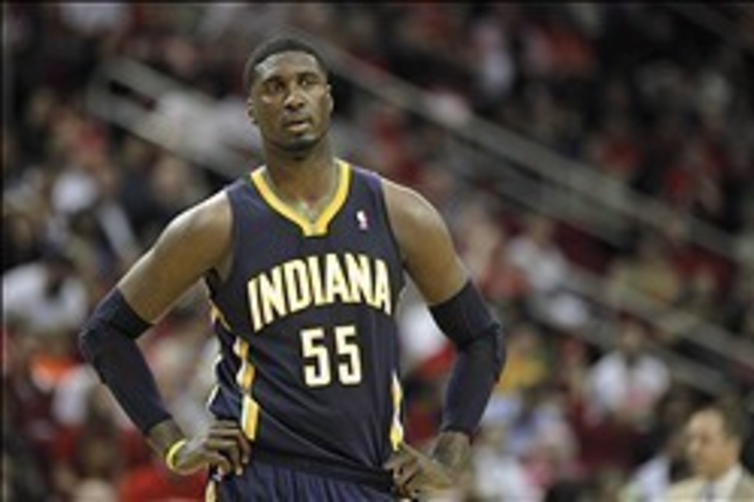 Mar 7, 2014; Houston, TX, USA; Indiana Pacers center Roy Hibbert (55) reacts to a play during the second quarter against the Houston Rockets at Toyota Center. Mandatory Credit: Andrew Richardson-USA TODAY Sports