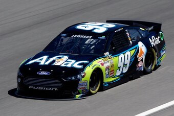 LAS VEGAS, NV - MARCH 07: Carl Edwards, driver of the #99 Aflac Ford, practices for the NASCAR Sprint Cup Series Kobalt 400 at Las Vegas Motor Speedway on March 7, 2014 in Las Vegas, Nevada.  (Photo by Brian Lawdermilk/Getty Images)