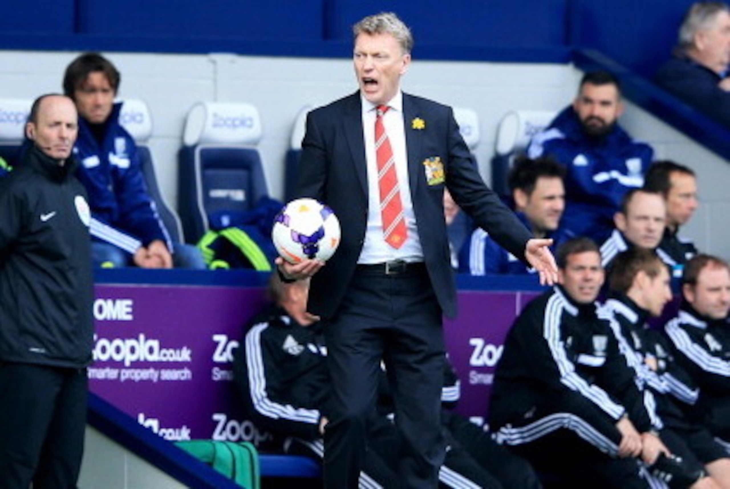 WEST BROMWICH, ENGLAND - MARCH 08:  David Moyes manager of Manchester United reacts during the Barclays Premier League match between West Bromwich Albion and Manchester United at The Hawthorns on March 8, 2014 in West Bromwich, England.  (Photo by Richard