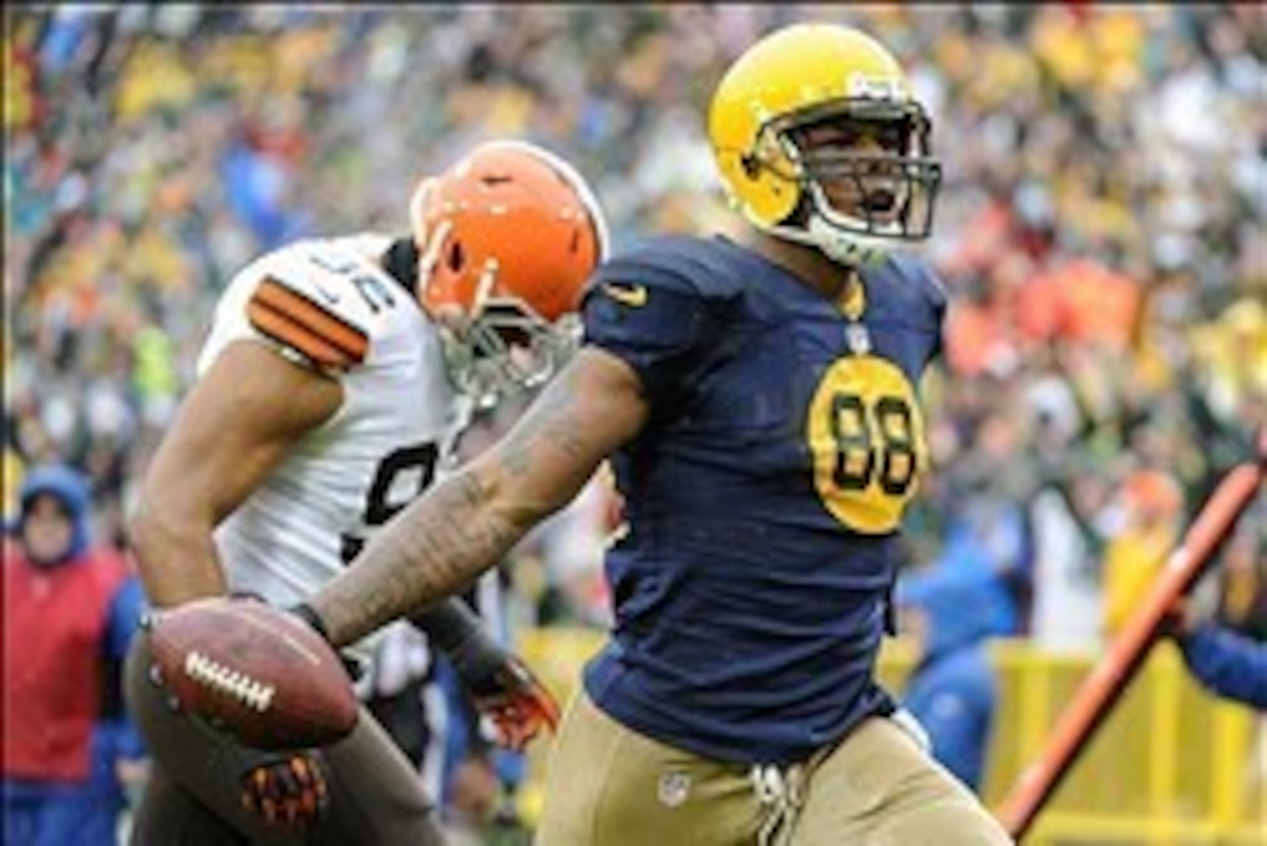 Oct 20, 2013; Green Bay, WI, USA; Green Bay Packers tight end Jermichael Finley (88) reacts after scoring a touchdown in the 1st quarter against the Cleveland Browns at Lambeau Field. Mandatory Credit: Benny Sieu-USA TODAY Sports