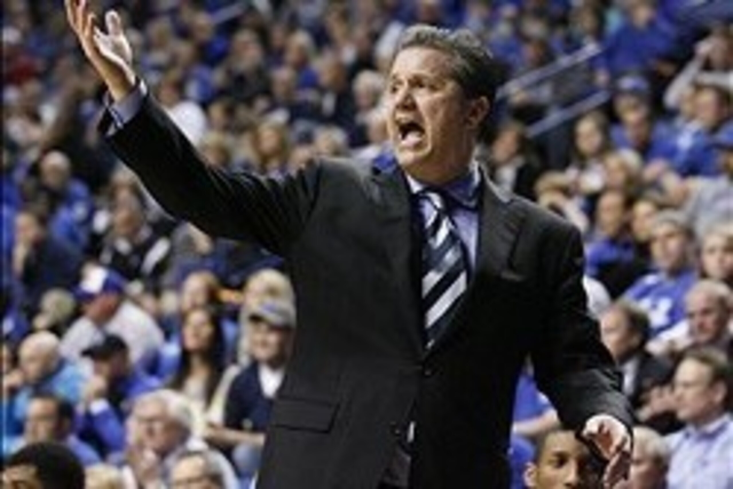 Mar 4, 2014; Lexington, KY, USA; Kentucky Wildcats head coach John Calipari reacts to a play during the game against the Alabama Crimson Tide in the second half at Rupp Arena. Kentucky defeated Alabama 55-48. Mandatory Credit: Mark Zerof-USA TODAY Sports