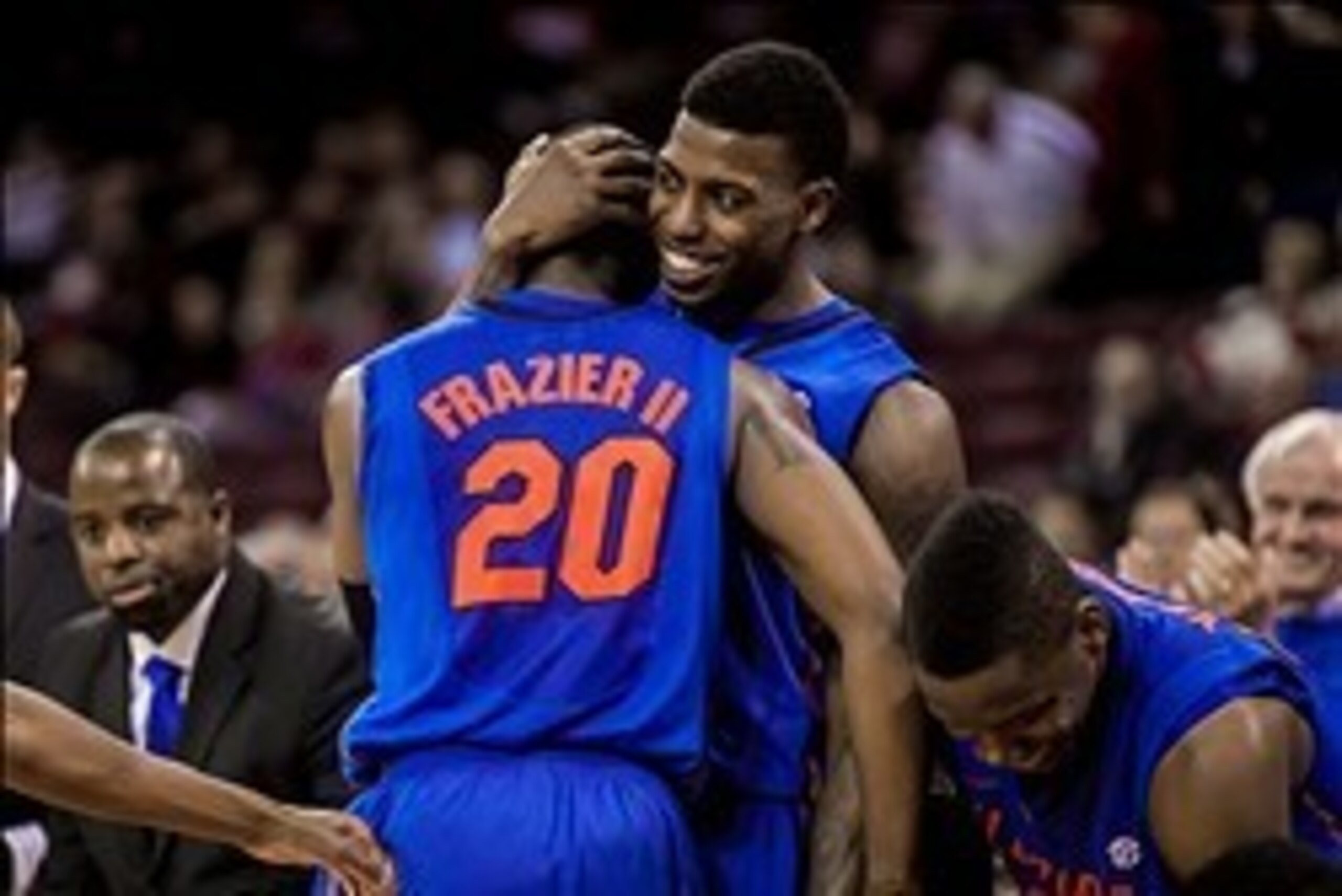 Mar 4, 2014; Columbia, SC, USA; Florida Gators guard Michael Frazier II (20) is congratulated by Florida Gators forward Casey Prather (24) after his 37 point game against the South Carolina Gamecocks in the second half at The Colonial Life Arena. Mandator