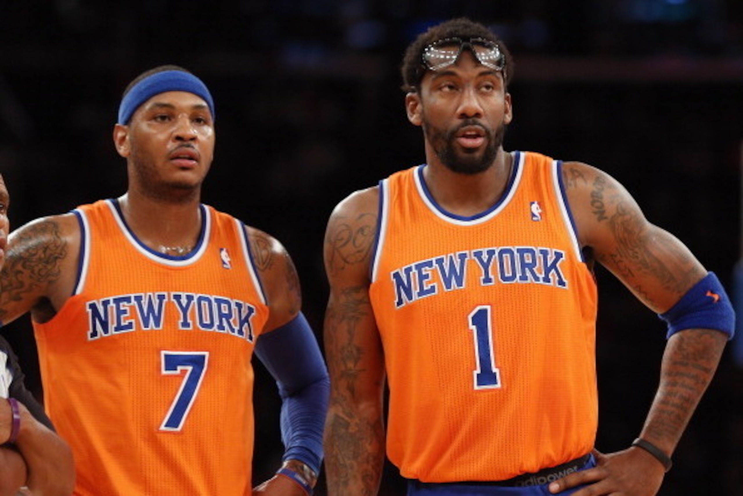 NEW YORK, NY - DECEMBER 08: Carmelo Anthony #7 and Amar'e Stoudemire #1 of the New York Knicks wait for play to resume during the second quarter against the Boston Celtics at Madison Square Garden on December 8, 2013 in New York City. NOTE TO USER: User e