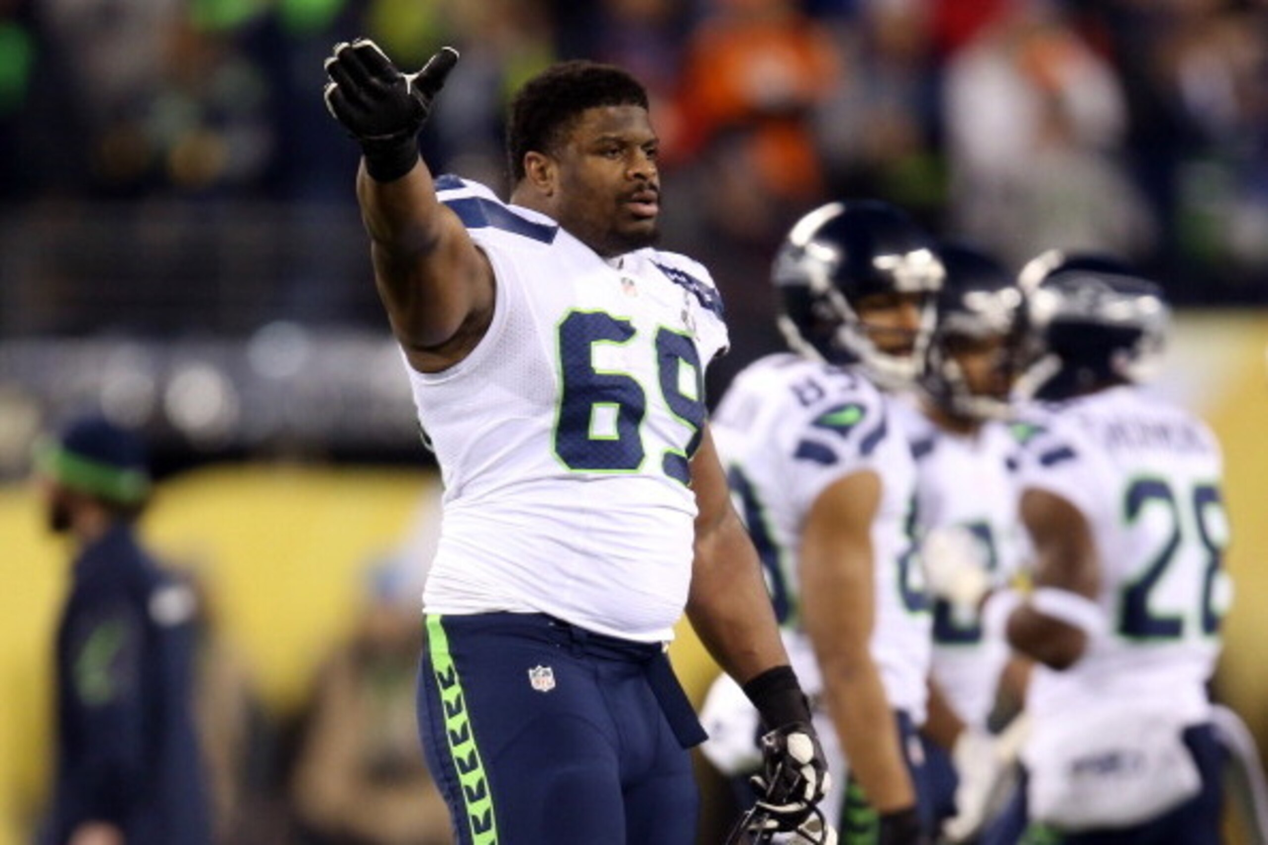 EAST RUTHERFORD, NJ - FEBRUARY 02: Defensive tackle Clinton McDonald #69 of the Seattle Seahawks reacts in the second quarter against the Denver Broncos during Super Bowl XLVIII at MetLife Stadium on February 2, 2014 in East Rutherford, New Jersey. (Pho EAST RUTHERFORD, NJ - FEBRUARY 02: Defensive tackle Clinton McDonald #69 of the Seattle Seahawks reacts in the second quarter against the Denver Broncos during Super Bowl XLVIII at MetLife Stadium on February 2, 2014 in East Rutherford, New Jersey. (Pho