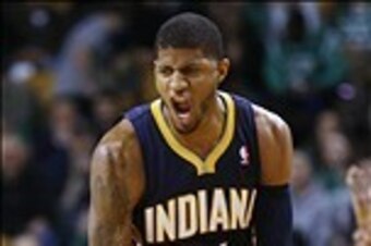Mar 1, 2014; Boston, MA, USA; Indiana Pacers small forward Paul George (24) reacts after hitting a three point shot during the fourth quarter of Indiana's 102-97 win over the Boston Celtics at TD Garden. Mandatory Credit: Winslow Townson-USA TODAY Sports