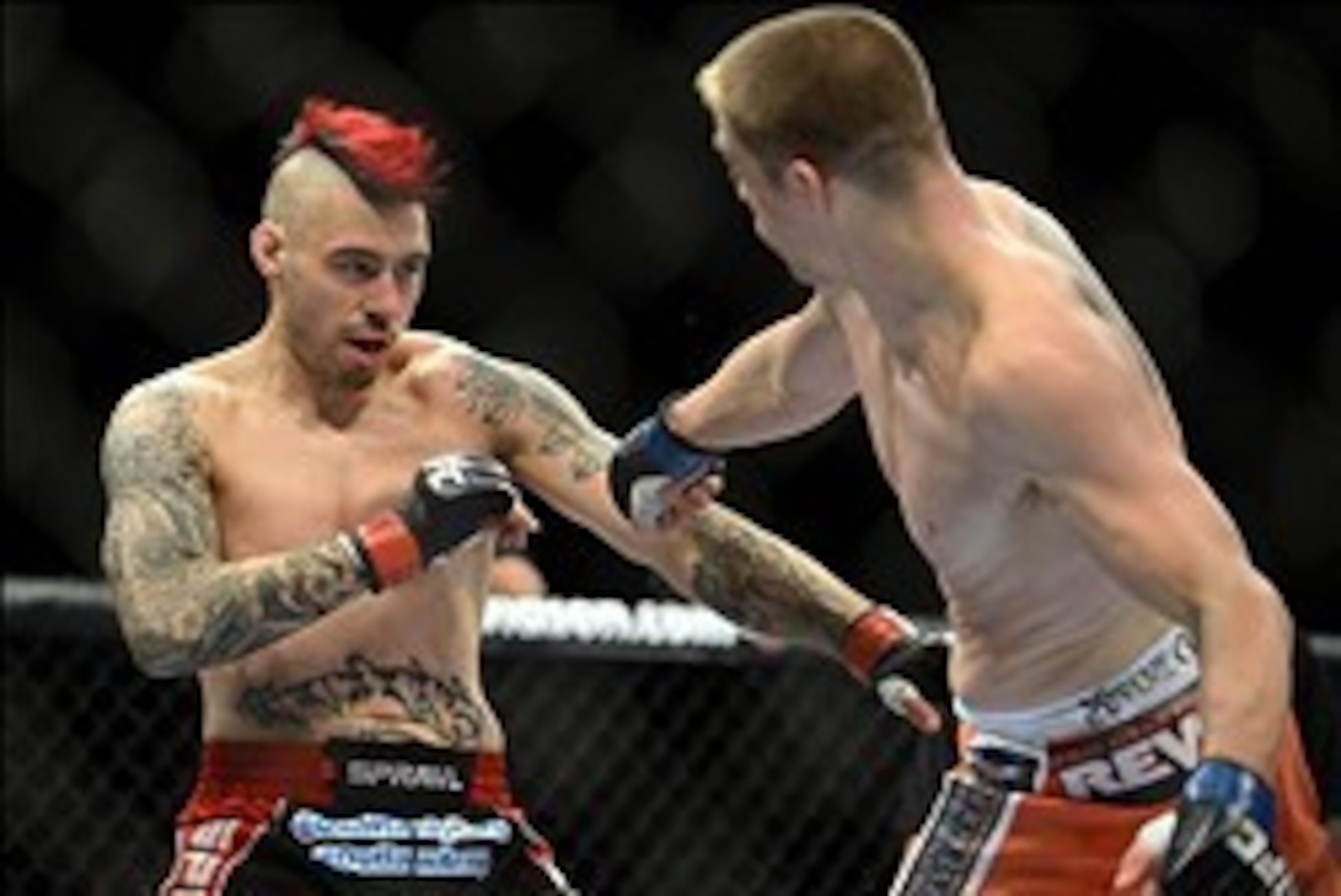 May 26, 2012; Las Vegas, NV, USA;  Dan Hardy (left) and Duane Ludwig fight during the UFC 146 at the MGM Grand Garden event center. Mandatory Credit: Ron Chenoy-USA TODAY Sports