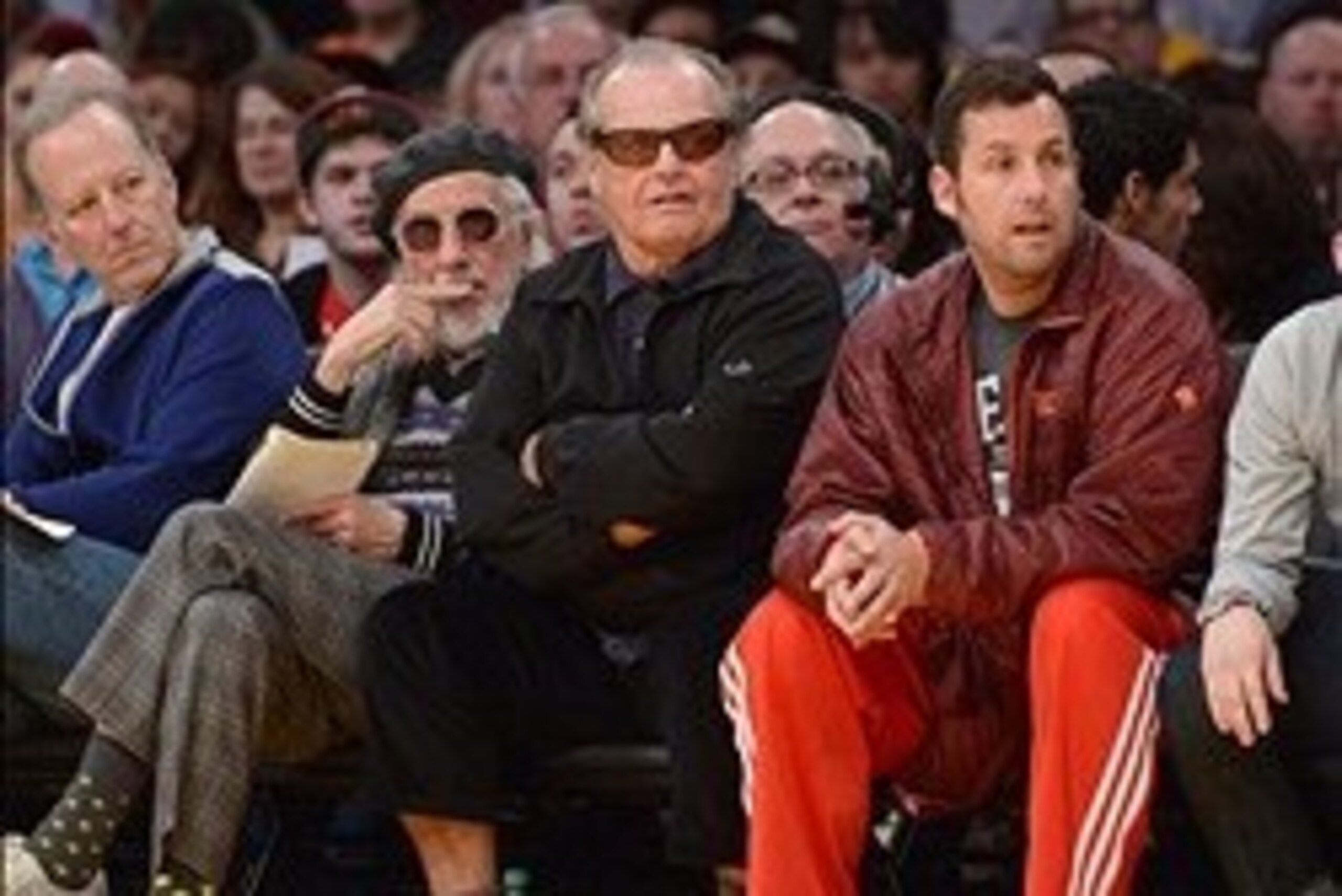 Feb 19, 2014; Los Angeles, CA, USA; Record producer Lou Adler (left) and entertainers Jack Nicholson (center) and Adam Sandler attend the NBA game between the Houston Rockets and the Los Angeles Lakers at Staples Center. Mandatory Credit: Kirby Lee-USA TO