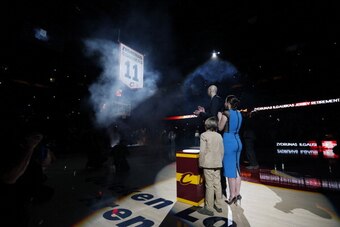 CLEVELAND, OH - MARCH 8: Zydrunas Ilgauskas #11 of the Cleveland Cavaliers retires his jersey during halftime of the game against the New York Knicks at The Quicken Loans Arena on March 8, 2014 in Cleveland, Ohio. NOTE TO USER: User expressly acknowledges