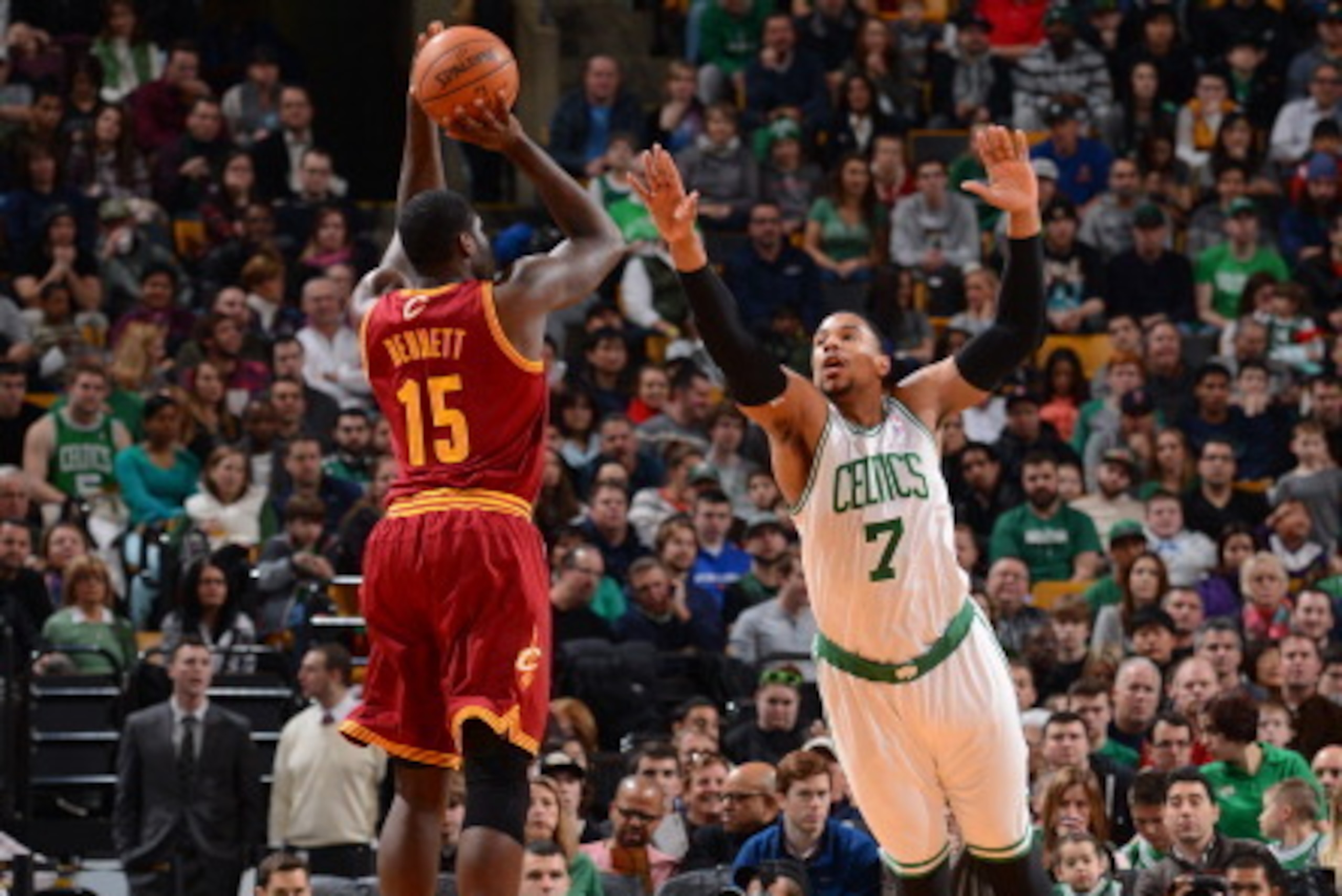 BOSTON, MA - DECEMBER 28: Jared Sullinger #7 of the Boston Celtics tries to block the shot against Anthony Bennett #15 of the Cleveland Cavaliers on December 28, 2013 at the TD Garden in Boston, Massachusetts.  NOTE TO USER: User expressly acknowledges an