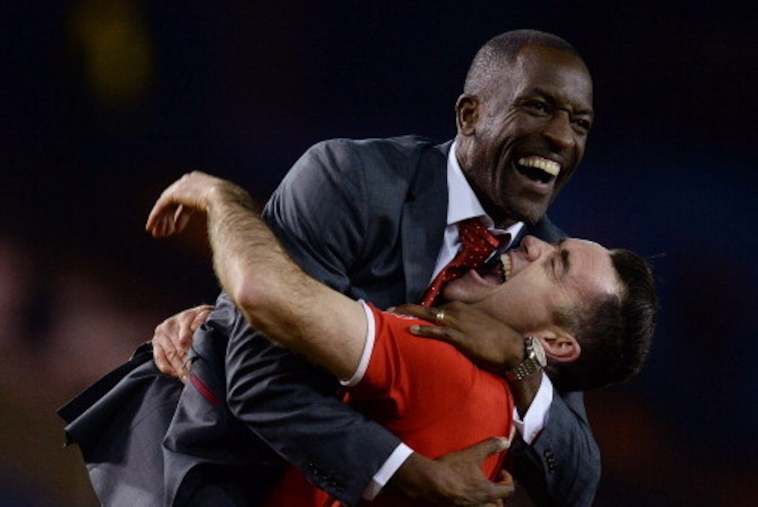 SHEFFIELD, ENGLAND - FEBRUARY 24:  Manager of Charlton Athletic Chris Powell and Andy Hughes celebrate after winning the Budweiser FA Cup Fifth Round match between Sheffield Wednesday and Charlton Athletic at Hillsborough Stadium on February 24, 2014 in S