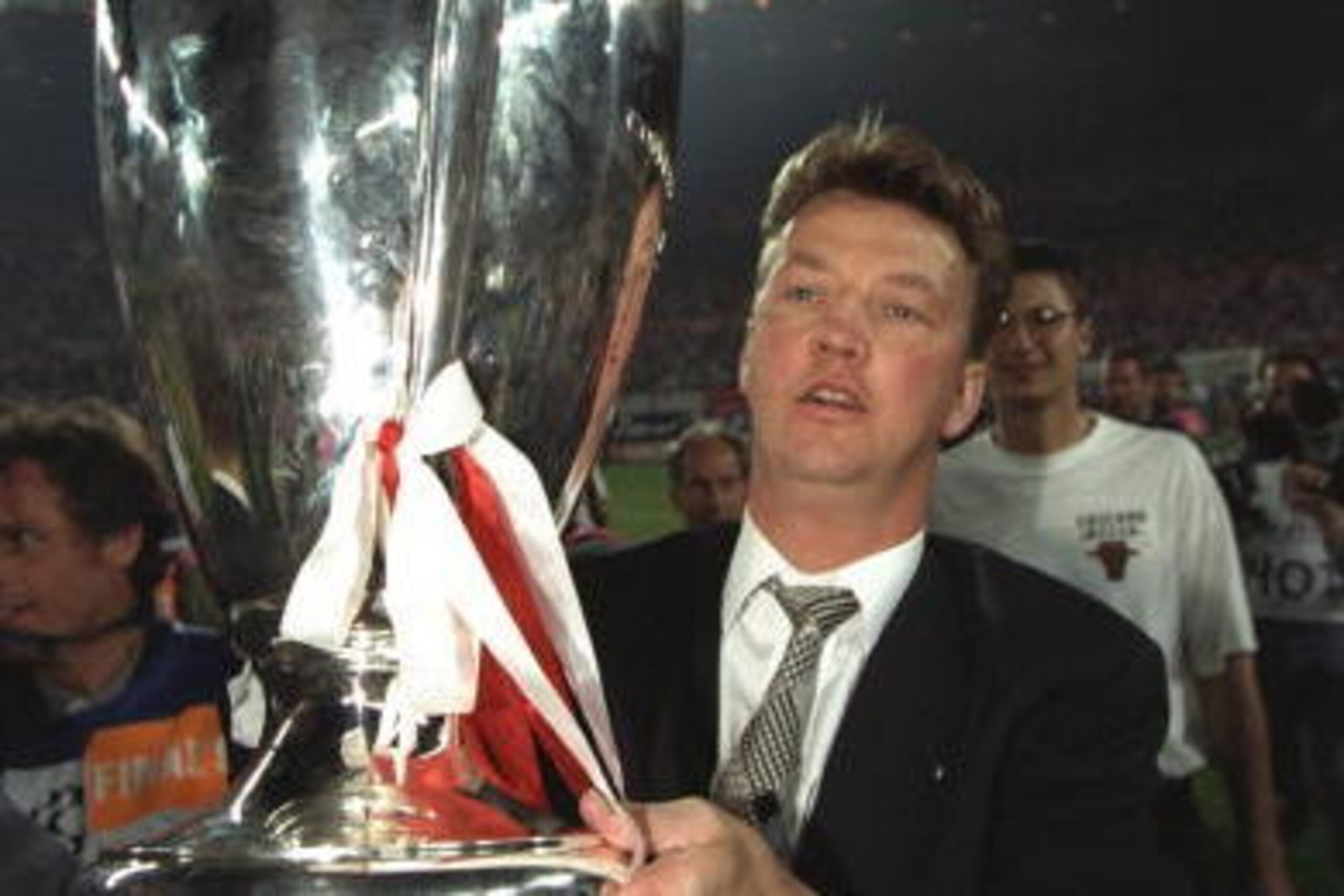 24 May 1995:  Louis Van Gaal the Ajax Coach raises the trophy in celebration after their victory in the European Cup Final against AC Milan in Vienna, Austria. Ajax won the match 1-0. \ Mandatory Credit: Clive  Brunskill/Allsport