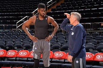 NEW YORK, NY - JANUARY 22: Head Coach Brett Brown talks to Nerlens Noel #4 of the Philadelphia 76ers prior to the game against the New York Knicks during the game on January 22, 2014 at Madison Square Garden in New York City, New York. NOTE TO USER: User 