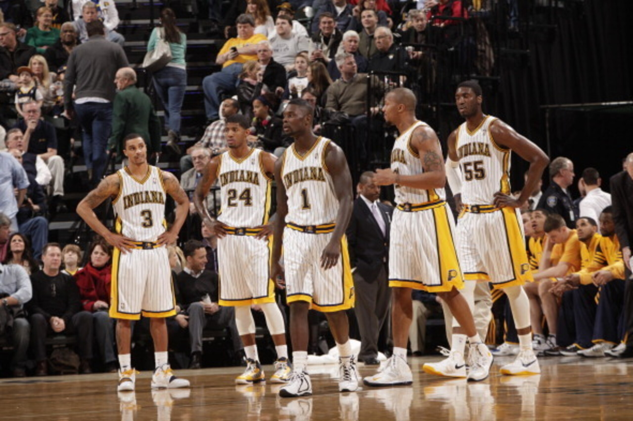 INDIANAPOLIS, IN - FEBRUARY 1: George Hill #3, Paul George  #24, Lance Stephenson #1 ,David West #21 and Roy Hibbert #55 of the Indiana Pacers look on against the Miami Heat on February 1, 2013 at Bankers Life Fieldhouse in Indianapolis, Indiana.  NOTE TO