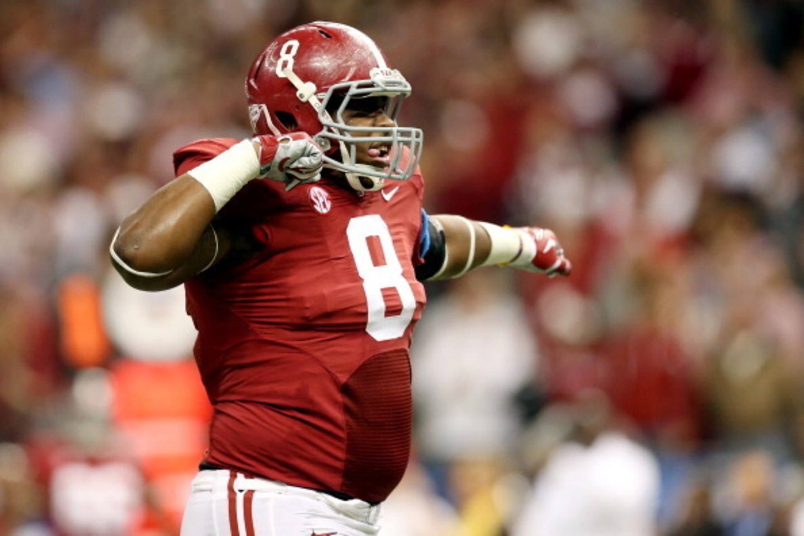 NEW ORLEANS, LA - JANUARY 02: Jeoffrey Pagan #8 of the Alabama Crimson Tide celebrates after a sack against the Oklahoma Sooners during the Allstate Sugar Bowl at the Mercedes-Benz Superdome on January 2, 2014 in New Orleans, Louisiana.  (Photo by Sean Ga