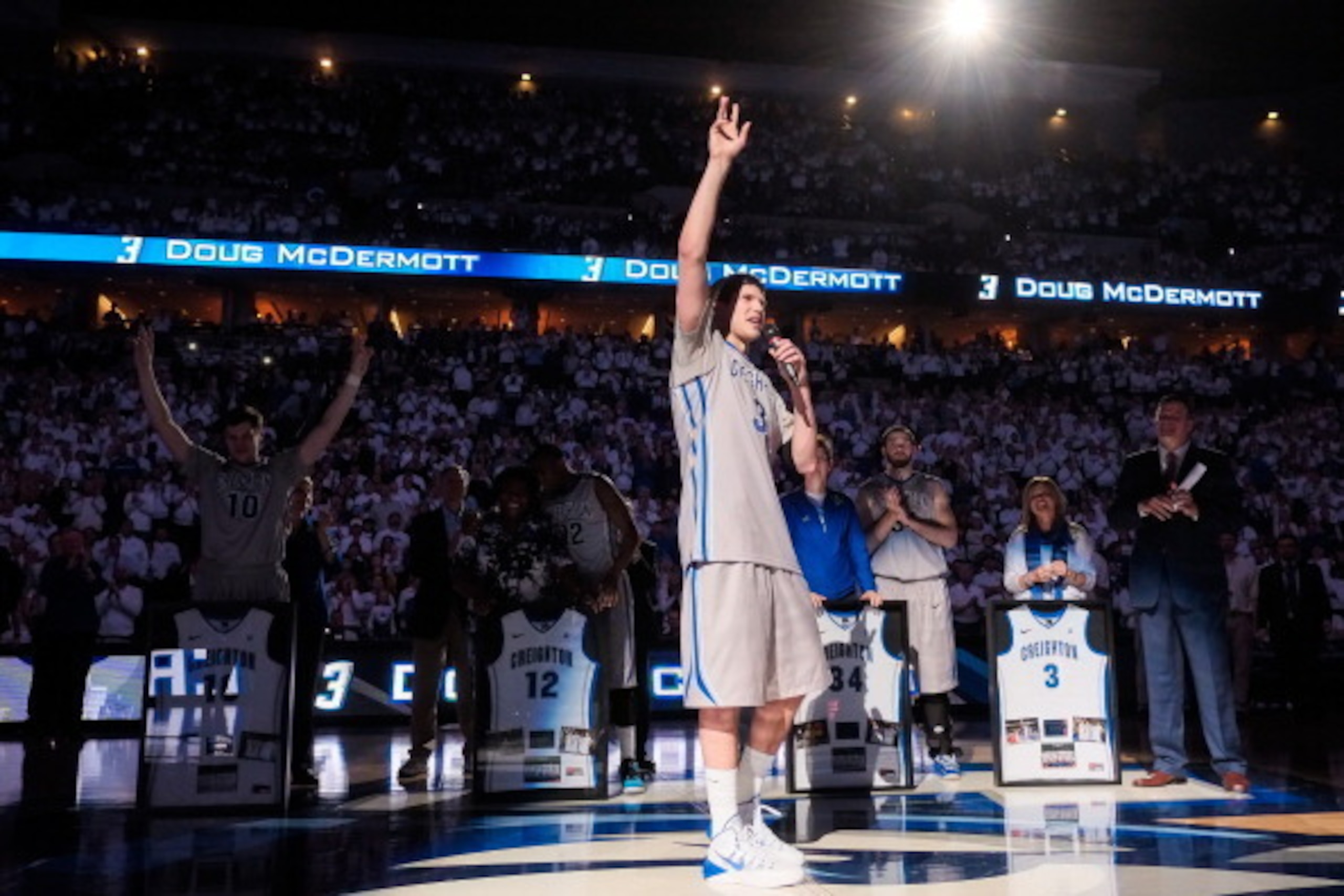 OMAHA, NE - MARCH 8: Doug McDermott #3 of the Creighton Bluejays addresses fans during senior night celebrations after their game against the Providence Friars at CenturyLink Center on March 8, 2014 in Omaha, Nebraska. (Photo by Eric Francis/Getty Images)