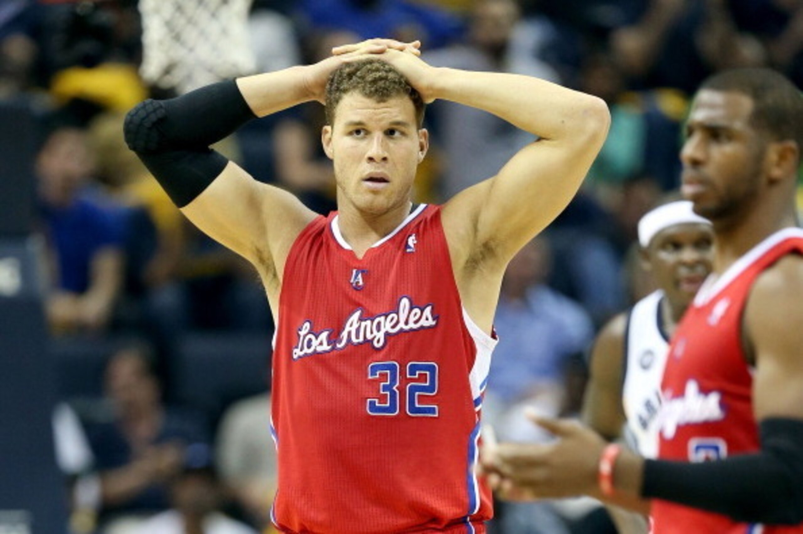 MEMPHIS, TN - APRIL 25:  Blake Griffin #32 of the Los Angeles Clippersreacts to be called for a foul in the game against the Memphis Grizzlies during Game Three of the Western Conference Quarterfinals of the 2013 NBA Playoffs at FedExForum on April 25, 20