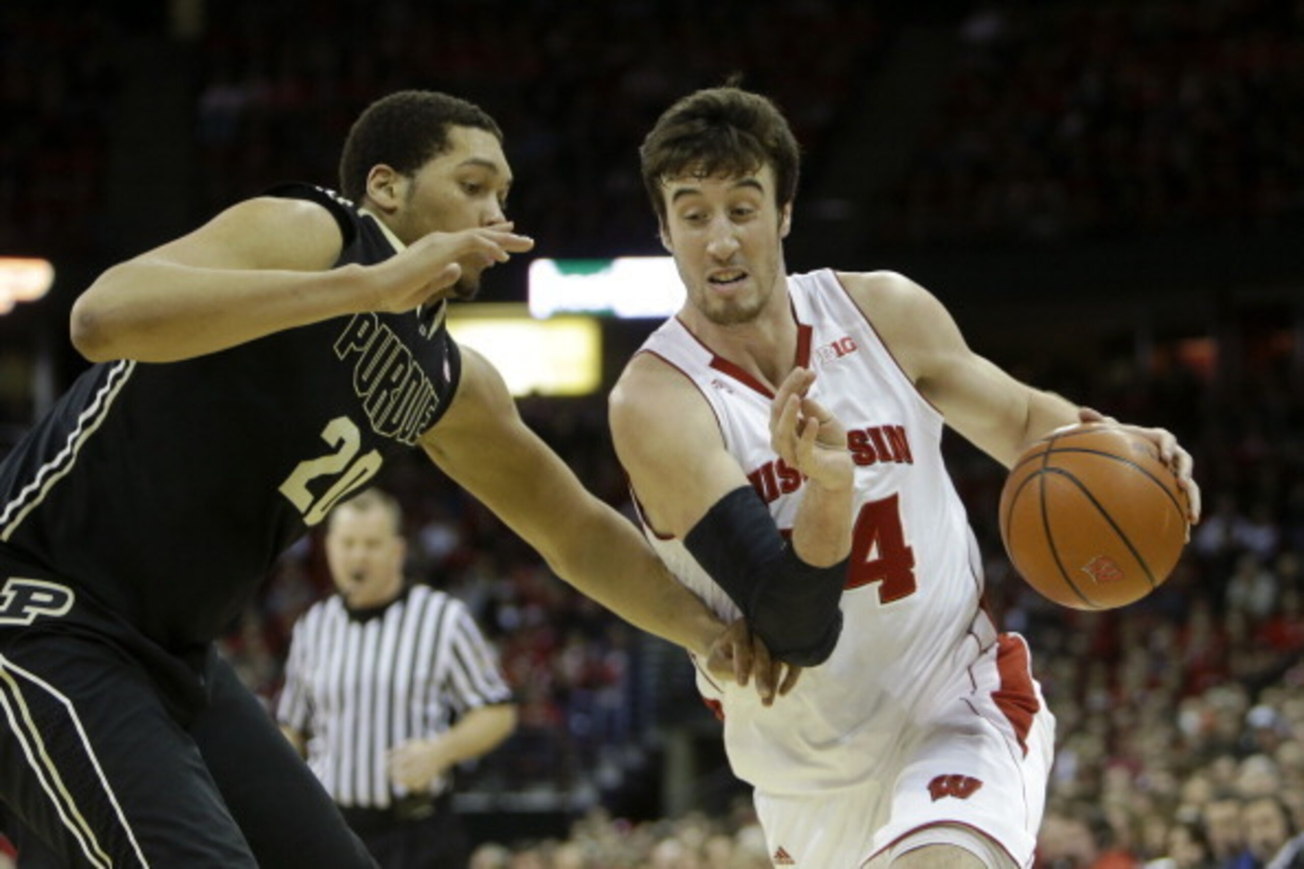 MADISON, WI - MARCH 05: Frank Kaminsky #44 of the Wisconsin Badgers drives to the hoop during the first half against the Purdue Boilermakers at Kohl Center on March 05, 2014 in Madison, Wisconsin. (Photo by Mike McGinnis/Getty Images)