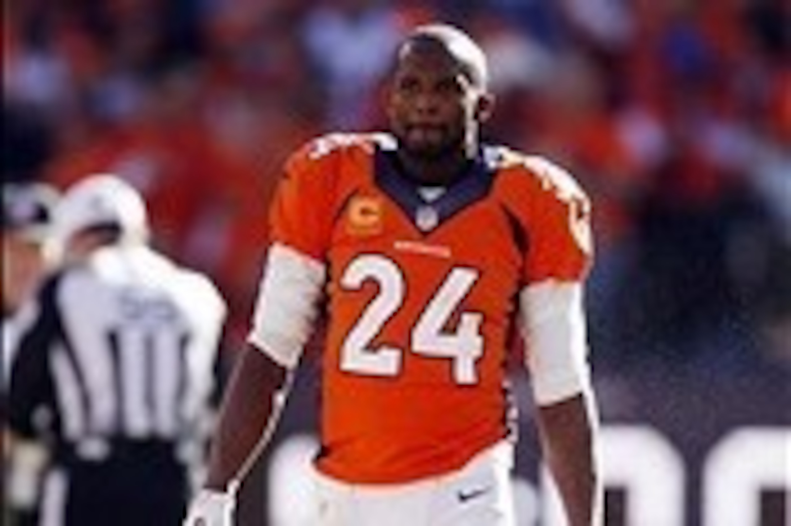 Jan 19, 2014; Denver, CO, USA; Denver Broncos cornerback Champ Bailey (24) during the first half against the New England Patriots during the 2013 AFC championship playoff football game at Sports Authority Field at Mile High. Mandatory Credit: Chris Humphr Jan 19, 2014; Denver, CO, USA; Denver Broncos cornerback Champ Bailey (24) during the first half against the New England Patriots during the 2013 AFC championship playoff football game at Sports Authority Field at Mile High. Mandatory Credit: Chris Humphr