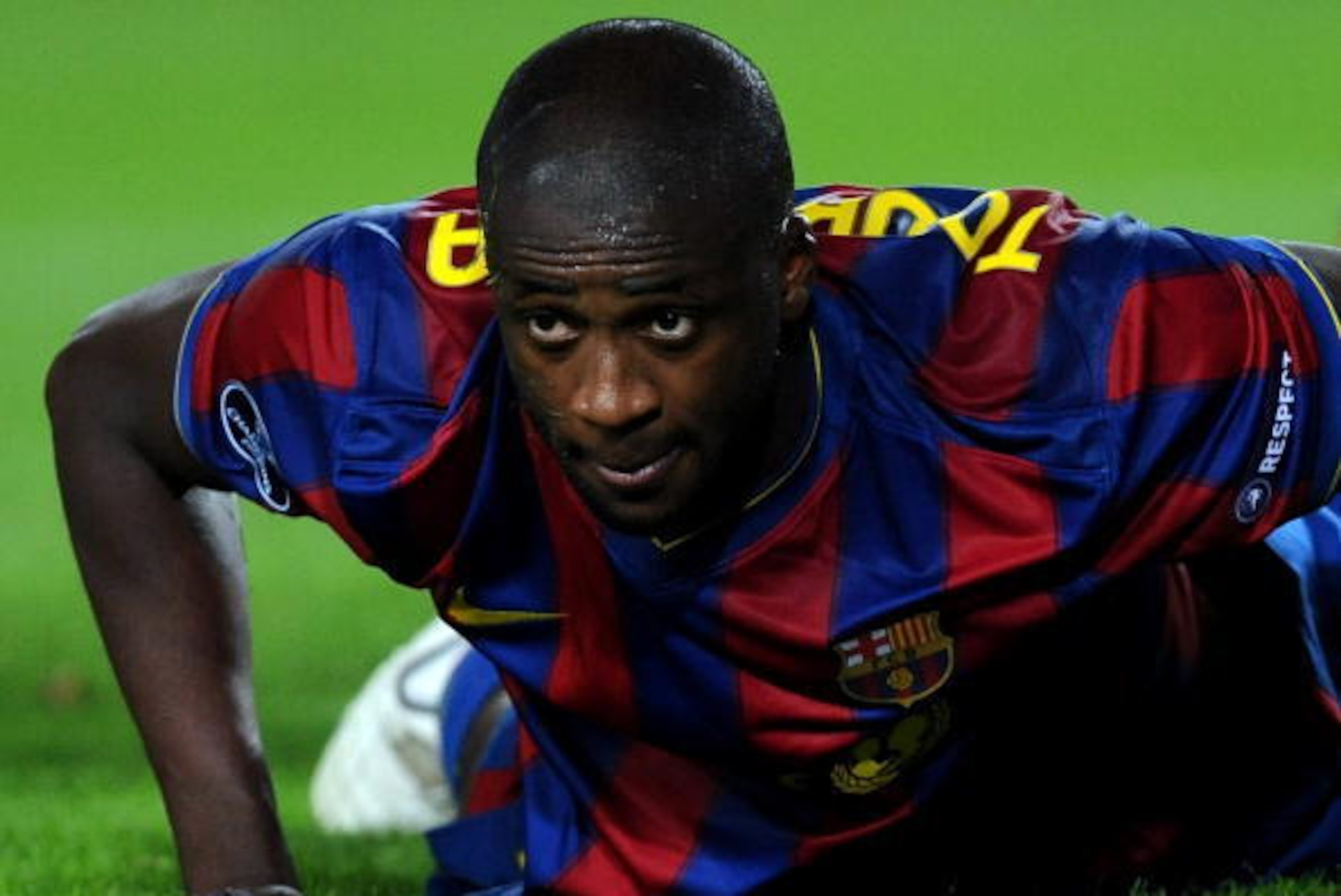 BARCELONA, SPAIN - OCTOBER 20:  Yaya Toure of FC Barcelona lays on the pitch after failing to score during the UEFA Champions League group F match between FC Barcelona and FC Rubin Kazan at the Camp Nou Stadium on October 20, 2009 in Barcelona, Spain. FC 