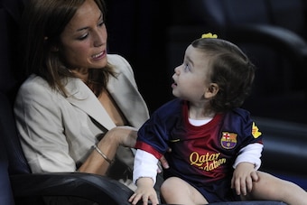 BARCELONA, SPAIN - SEPTEMBER 02:  Andres Iniesta's wife Anna Ortiz and his daughter Valeria are seen prior to the La Liga match between FC Barcelona and Valencia CF at Camp Nou on September 2, 2012 in Barcelona, Spain.  (Photo by David Ramos/Getty Images)