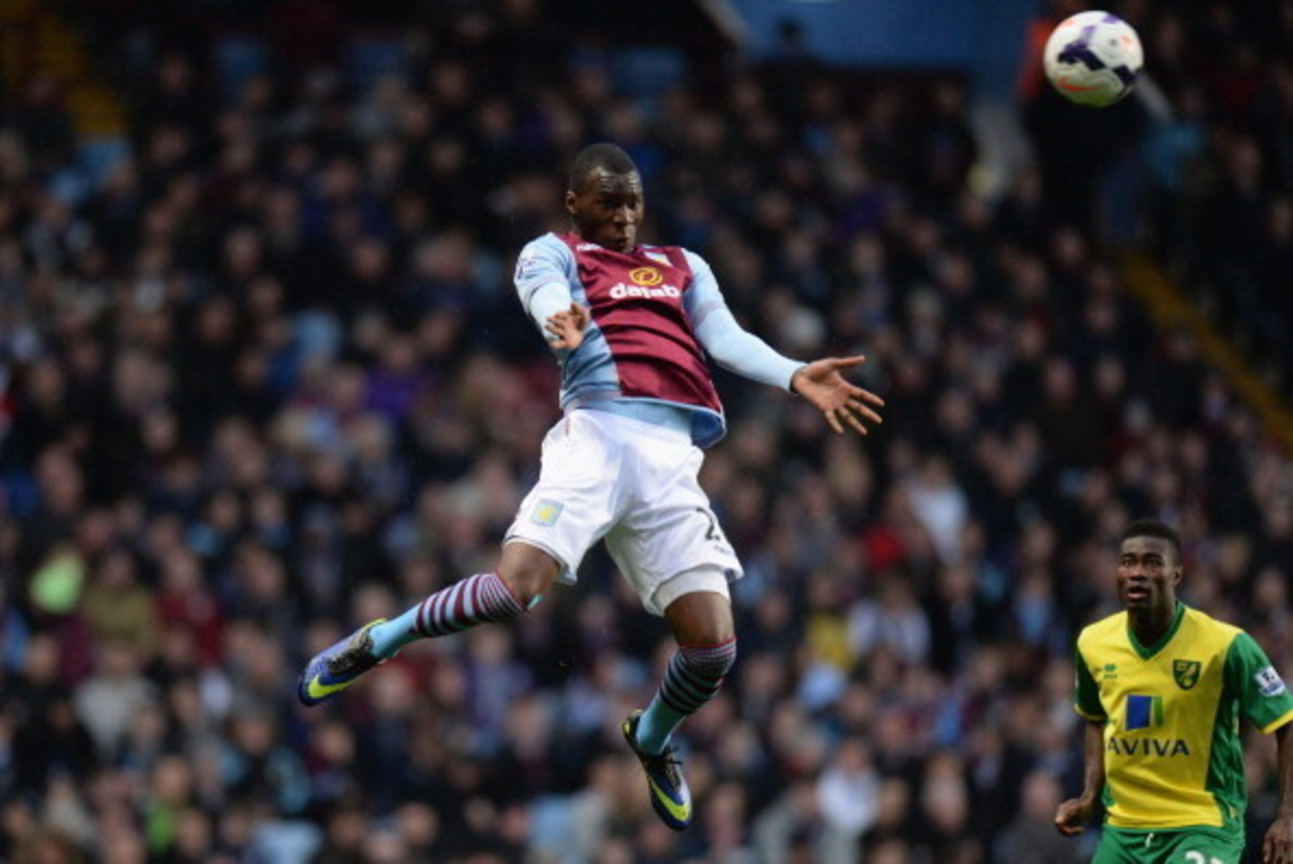 BIRMINGHAM, ENGLAND - MARCH 02: Christian Benteke of Aston Villa heading the ball during the Barclays Premier League match between Aston Villa and Norwich City at Villa Park on March 2, 2014 in Birmingham, England.  (Photo by Tony Marshall/Getty Images)