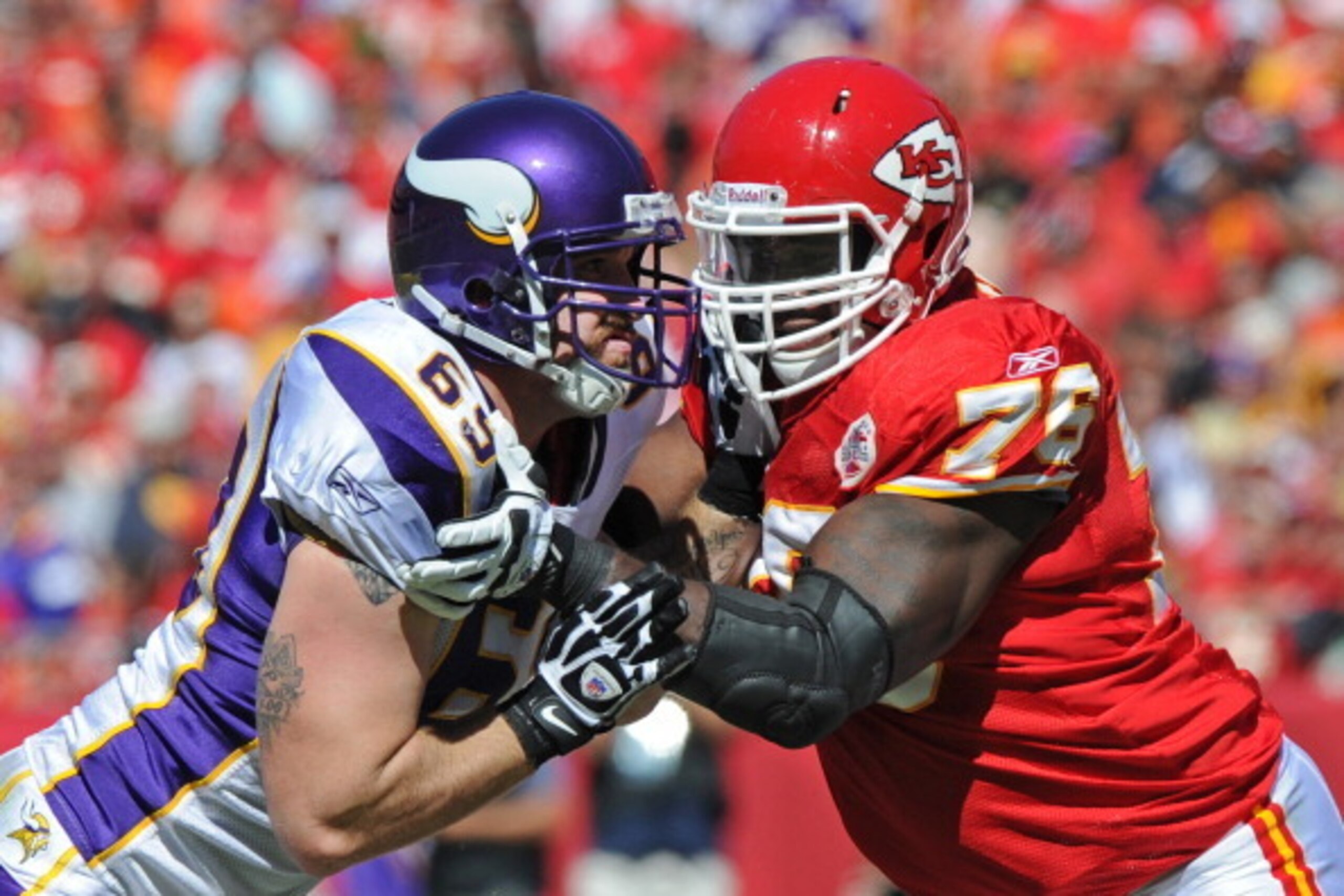 KANSAS CITY, MO - OCTOBER 02:  Defensive end Jared Allen #69 of the Minnesota Vikings goes up against offensive tackle Branden Albert #76 of the Kansas City Chiefs during the second quarter on October 2, 2011 at Arrowhead Stadium in Kansas City, Missouri.