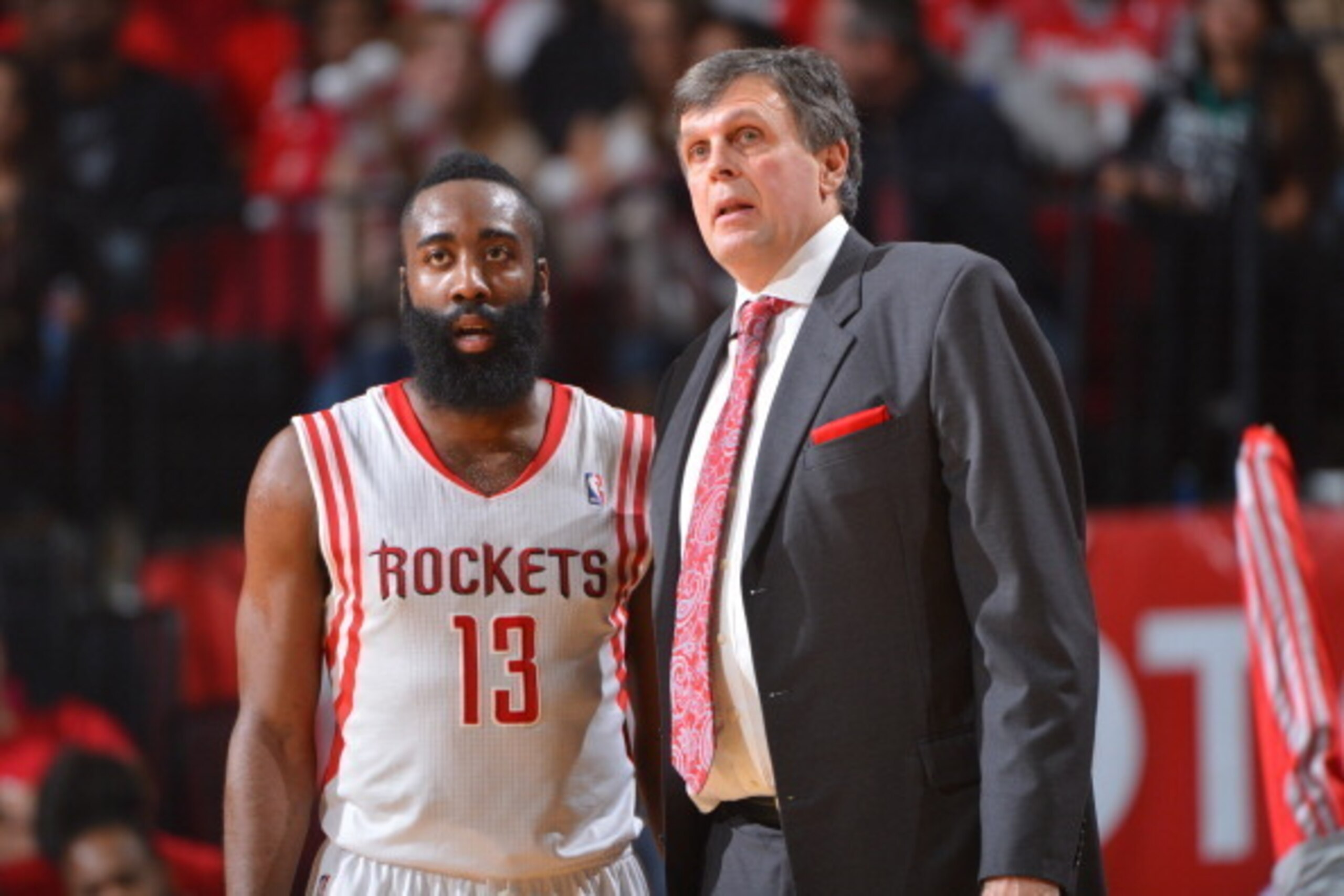 HOUSTON, TX - MARCH 4: Kevin McHale of the Houston Rockets talks with James Harden #13 during the game against the Miami Heat at the Toyota Center March 4, 2014 in Houston, Texas. NOTE TO USER: User expressly acknowledges and agrees that, by downloading a