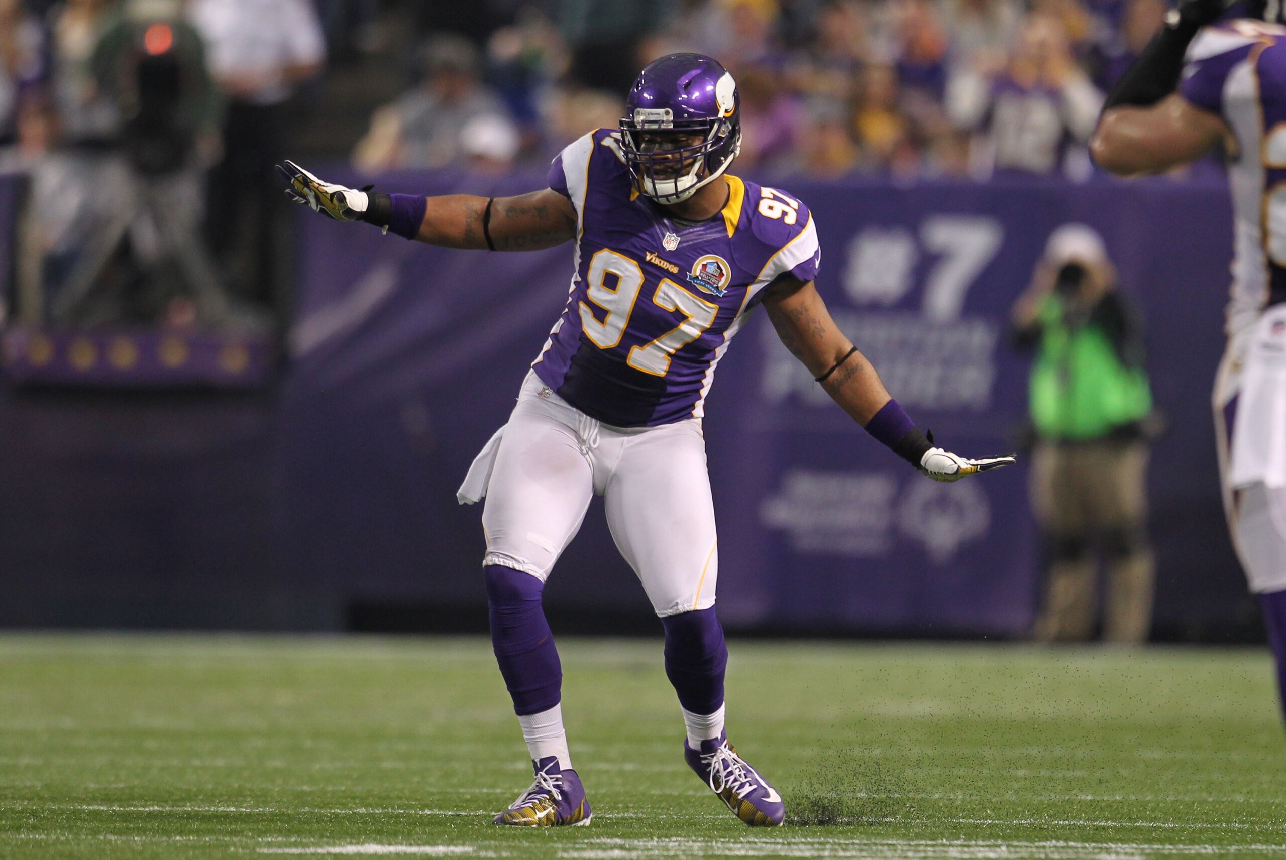 Dec 9, 2012; Minneapolis, MN, USA; Minnesota Vikings defensive end Everson Griffen (97) celebrates a sack against the Chicago Bears at the Metrodome. The Vikings defeated the Bears 21-14. Mandatory Credit: Brace Hemmelgarn-USA TODAY Sports