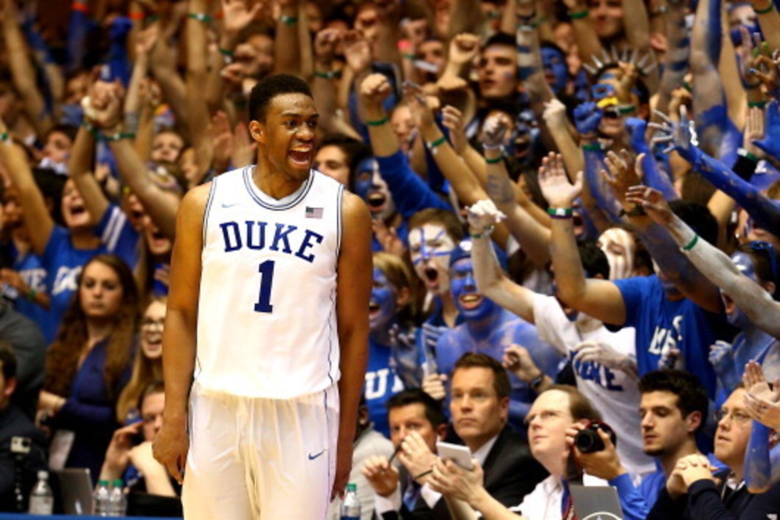 DURHAM, NC - MARCH 08:  Jabari Parker #1 of the Duke Blue Devils reacts after making a basket during their game against the North Carolina Tar Heels at Cameron Indoor Stadium on March 8, 2014 in Durham, North Carolina.  (Photo by Streeter Lecka/Getty Imag