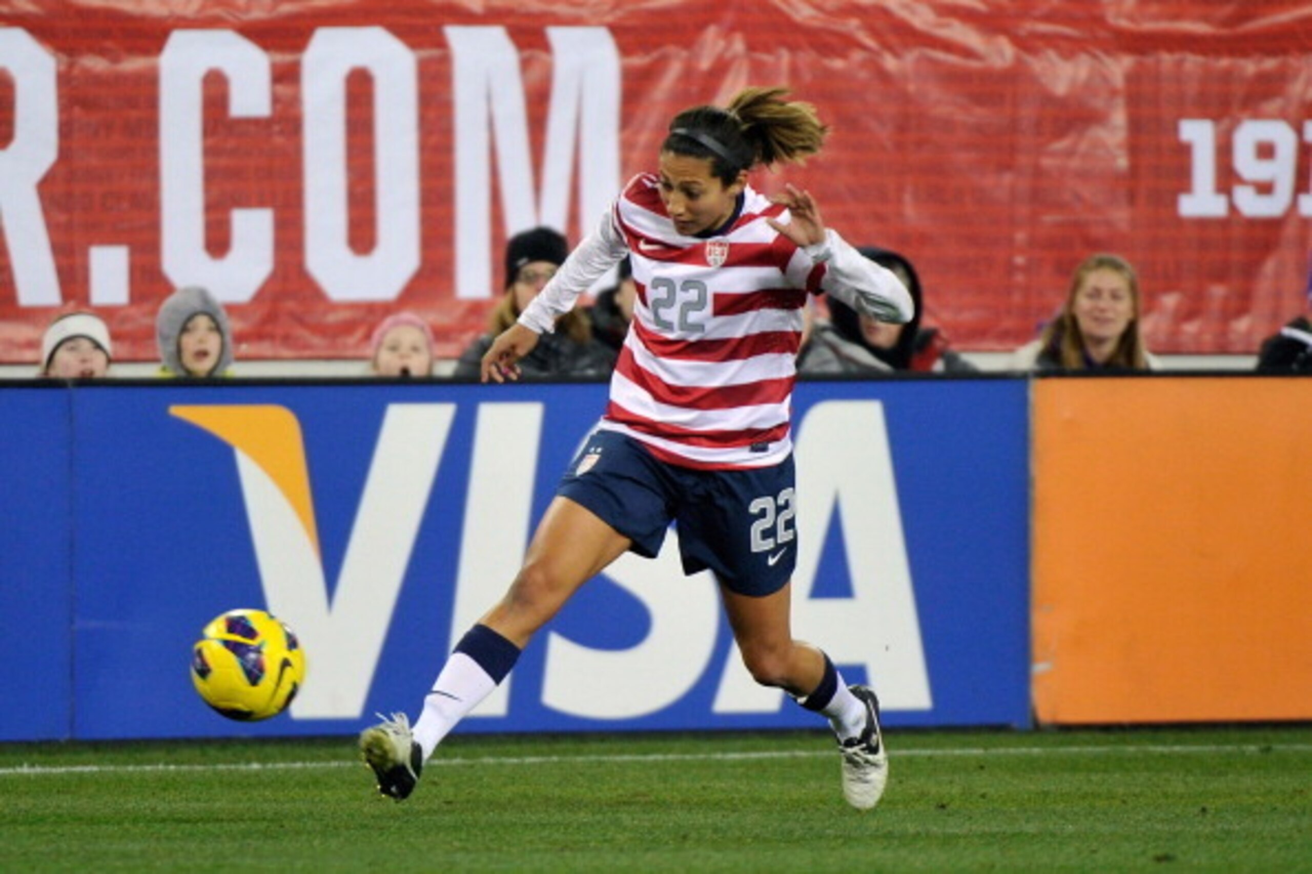 NASHVILLE, TN - FEBRUARY 13: Christen Press #22 of the U.S. Womens National Team plays against the Scotland Women's National Team at LP Field on February 13, 2013 in Nashville, Tennessee. (Photo by Frederick Breedon/Getty Images)