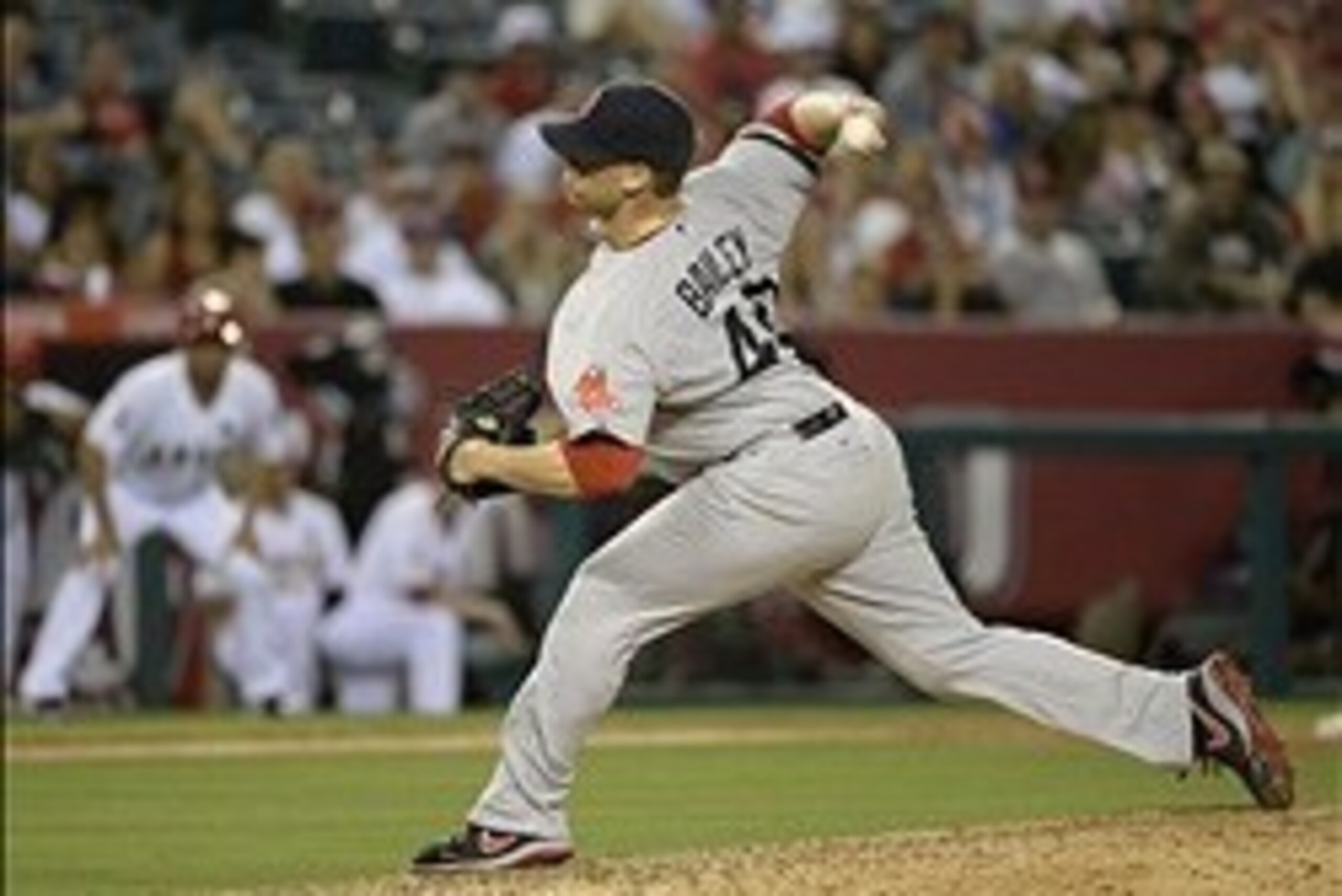 Jul 6, 2013; Anaheim, CA, USA; Boston Red Sox relief pitcher Andrew Bailey (40) pitches during the ninth inning against the Los Angeles Angels at Angel Stadium. Mandatory Credit: Richard Mackson-USA TODAY Sports