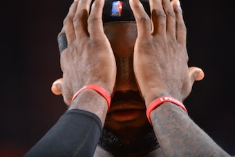 HOUSTON, TX - MARCH 4:  A close up shot of LeBron James #6 of the Miami Heat with his facemask on during the game against the Houston Rockets at the Toyota Center March 4, 2014 in Houston, Texas. NOTE TO USER: User expressly acknowledges and agrees that, 