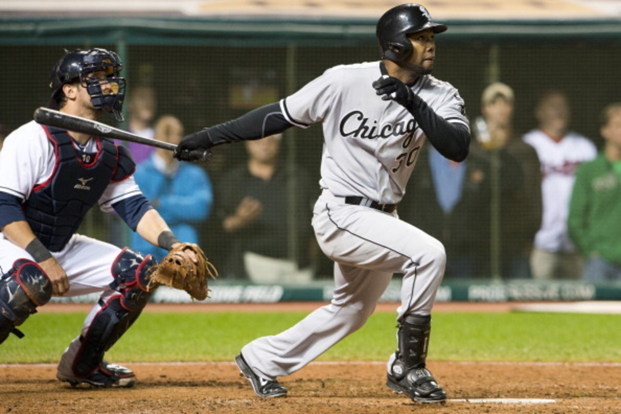 CLEVELAND, OH - SEPTEMBER 24: Alejandro De Aza #30 of the Chicago White Sox hits a solo home run to take the lead over the Cleveland Indians during the ninth inning at Progressive Field on September 24, 2013 in Cleveland, Ohio. (Photo by Jason Miller/Gett