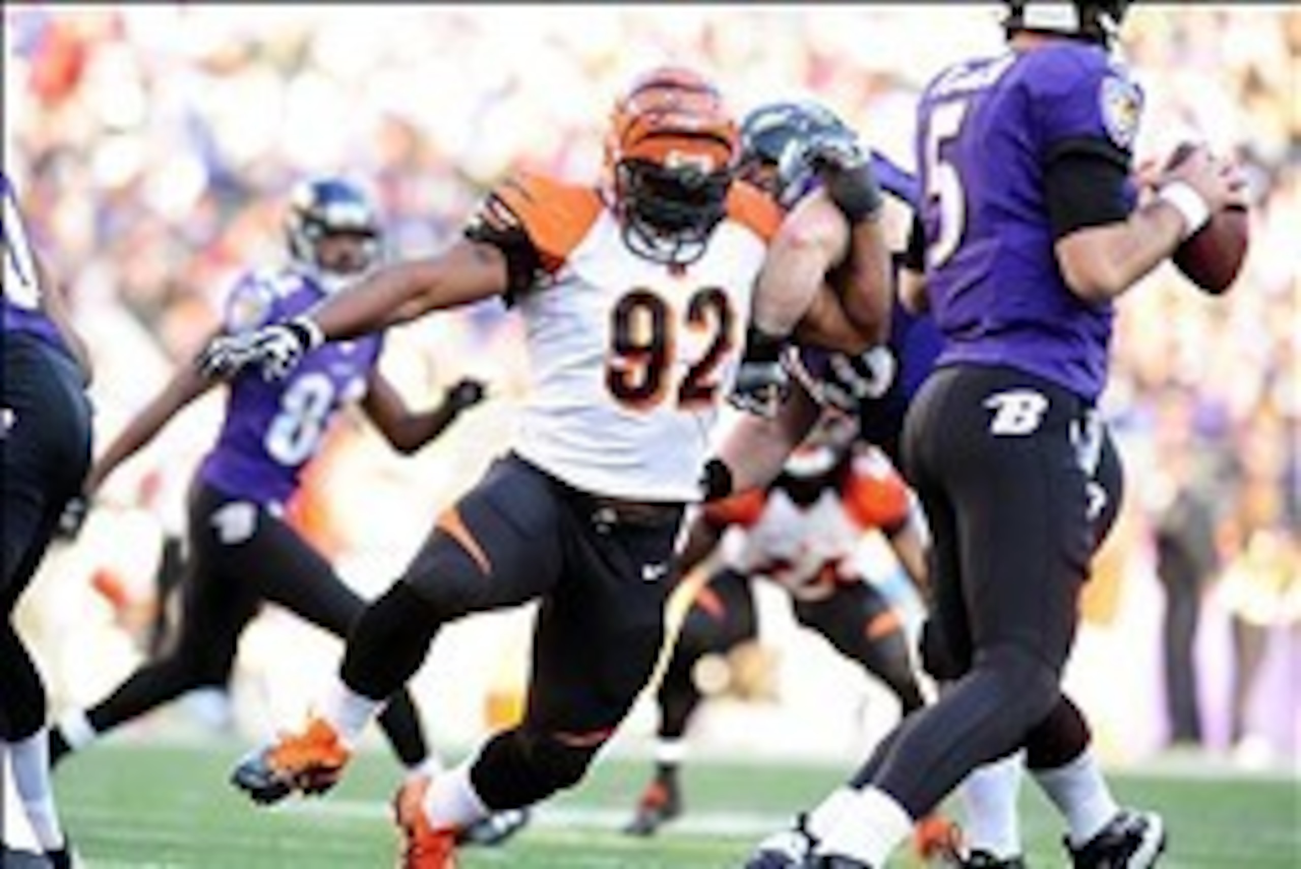 Nov 10, 2013; Baltimore, MD, USA; Cincinnati Bengals linebacker James Harrison (92) rushes the quarterback during the game against the Baltimore Ravens at M&T Bank Stadium. Mandatory Credit: Evan Habeeb-USA TODAY Sports