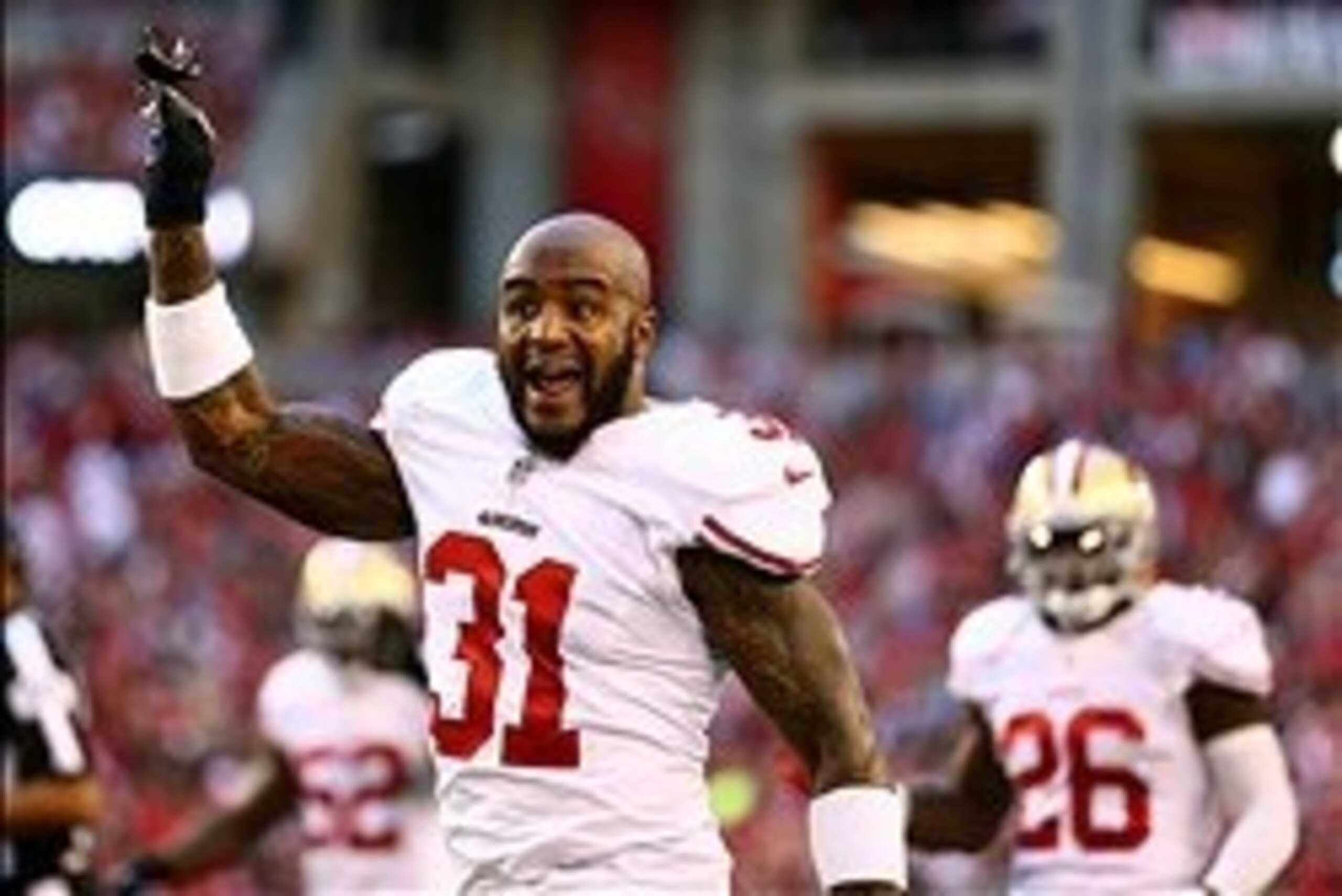 Dec 29, 2013; Phoenix, AZ, USA; San Francisco 49ers safety Donte Whitner (31) reacts against the Arizona Cardinals at University of Phoenix Stadium. Mandatory Credit: Mark J. Rebilas-USA TODAY Sports