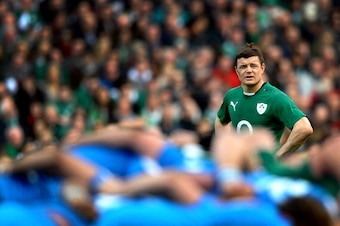 DUBLIN, IRELAND - MARCH 08:  (Re-transmission of image #477279873 with alternate crop) Brian O'Driscoll of Ireland watches the scrum during the RBS Six Nations match between Ireland and Italy at Aviva Stadium on March 8, 2014 in Dublin, Ireland.  (Photo b