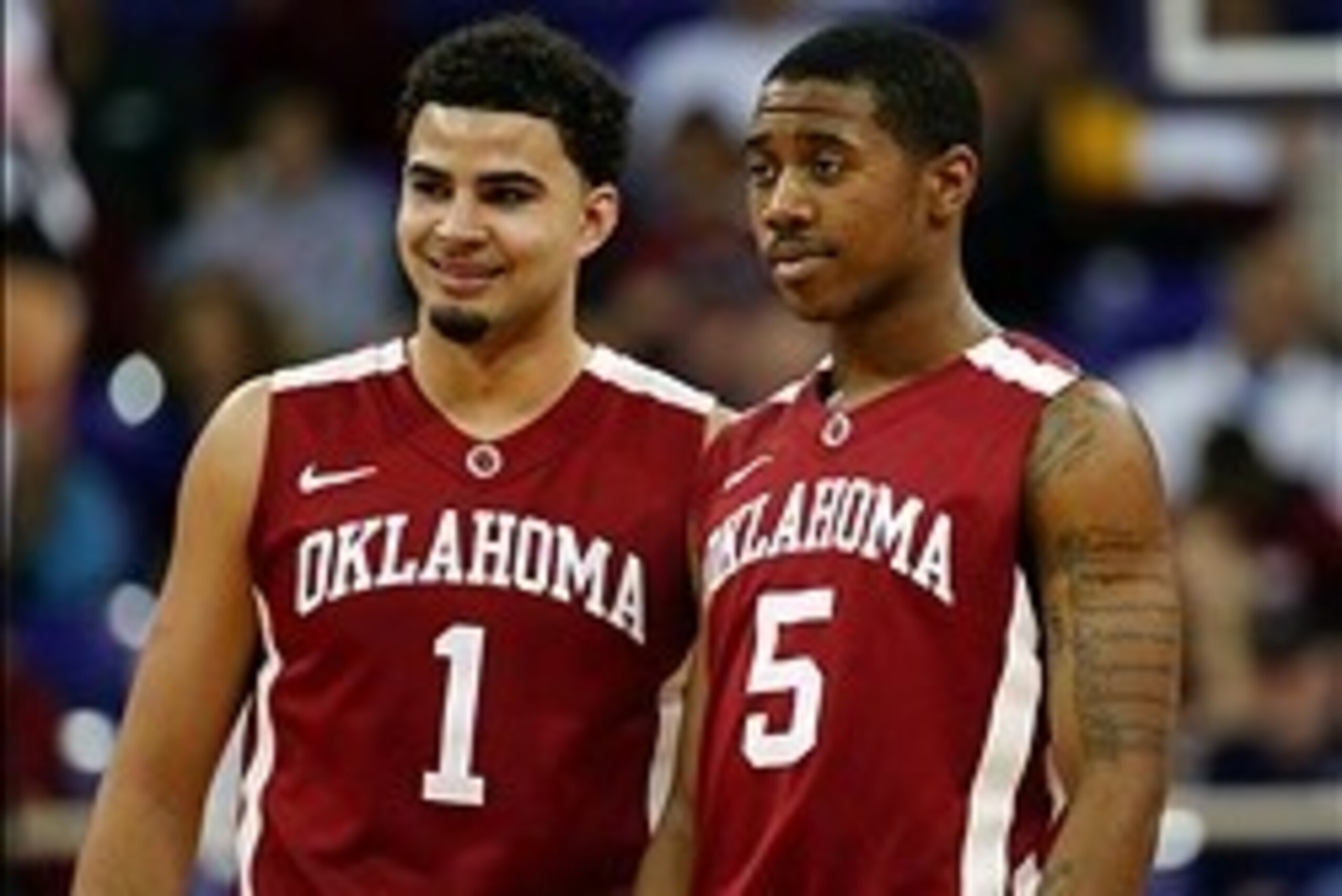 Mar 8, 2014; Fort Worth, TX, USA; Oklahoma Sooners guard Frank Booker (1) and Oklahoma Sooners guard Je'lon Hornbeak (5) laugh during the game against the TCU Horned Frogs at Daniel-Meyer Coliseum. Mandatory Credit: Kevin Jairaj-USA TODAY Sports