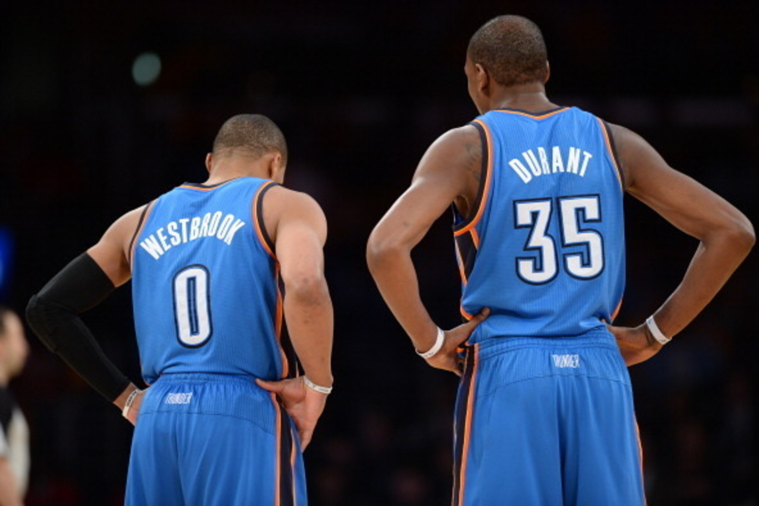 LOS ANGELES, CA - MARCH 9: Russell Westbrook #0 and Kevin Durant #35 of the Oklahoma City Thunder during a game against the Los Angeles Lakers at STAPLES Center on March 9, 2014 in Los Angeles, California. NOTE TO USER: User expressly acknowledges and agr