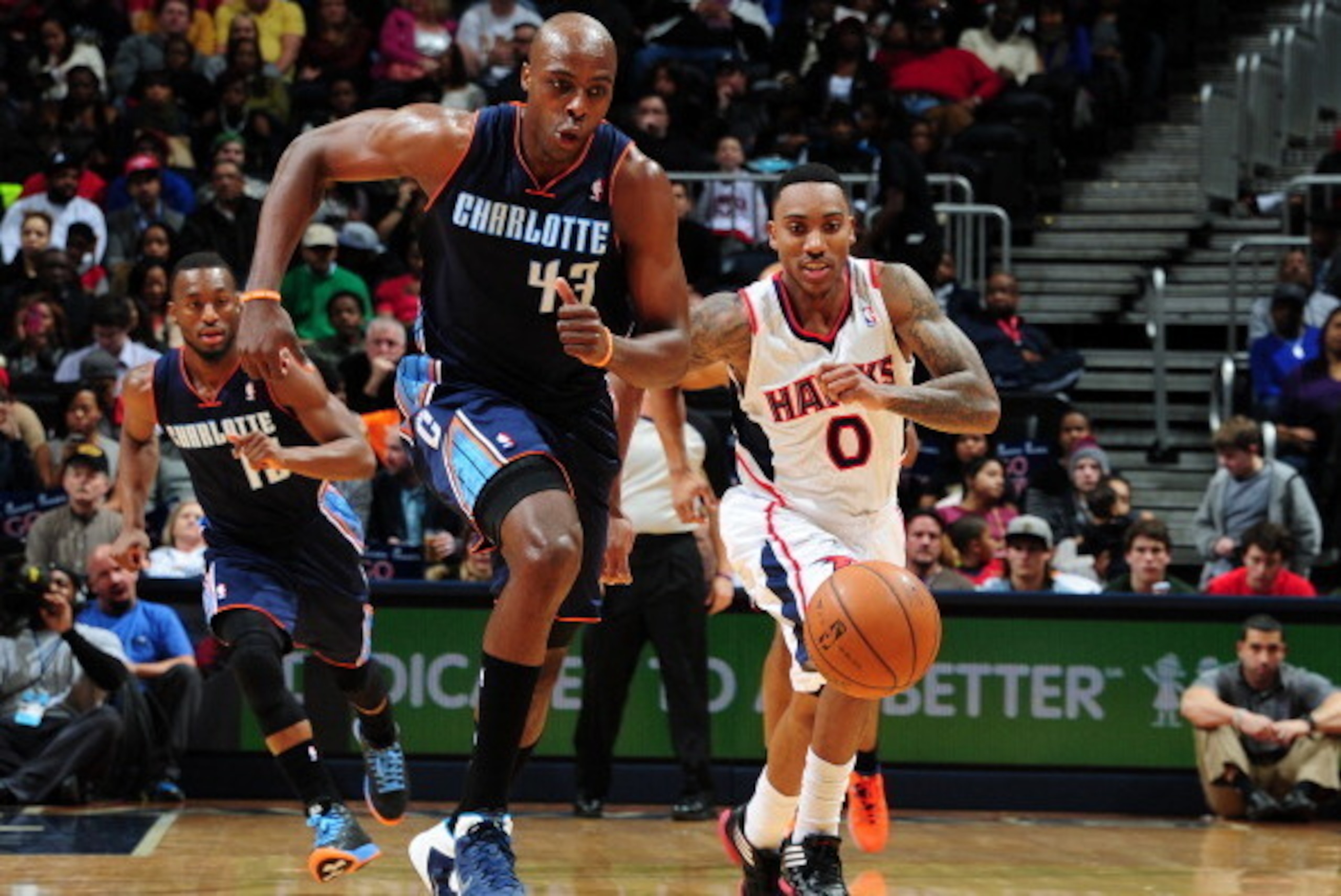 ATLANTA, GA - DECEMBER 28: Anthony Tolliver #43 of the Charlotte Bobcats dribbles up the floor against the Atlanta Hawks on December 28, 2013 at Philips Arena in Atlanta, Georgia.  NOTE TO USER: User expressly acknowledges and agrees that, by downloading 