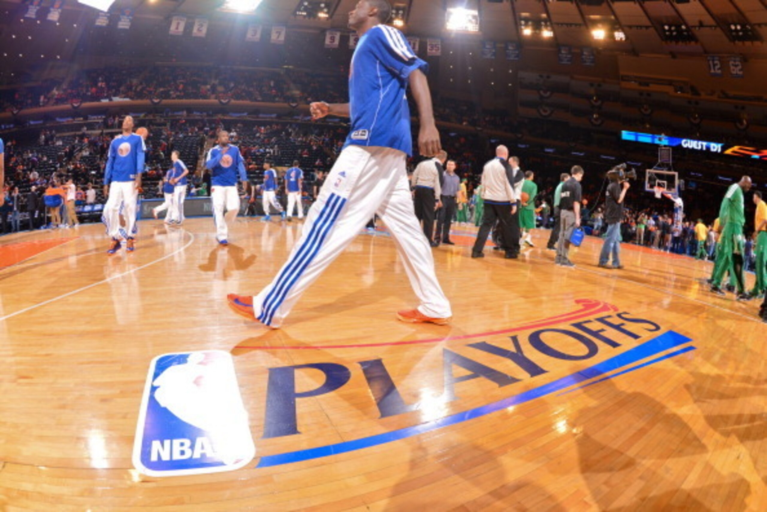 NEW YORK, NY - APRIL 20: The NBA Playoffs logo is displayed on the court before the Boston Celtics play the New York Knicks in Game One of the Eastern Conference Quarterfinals during the 2013 NBA Playoffs on April 20, 2013 at Madison Square Garden in New 