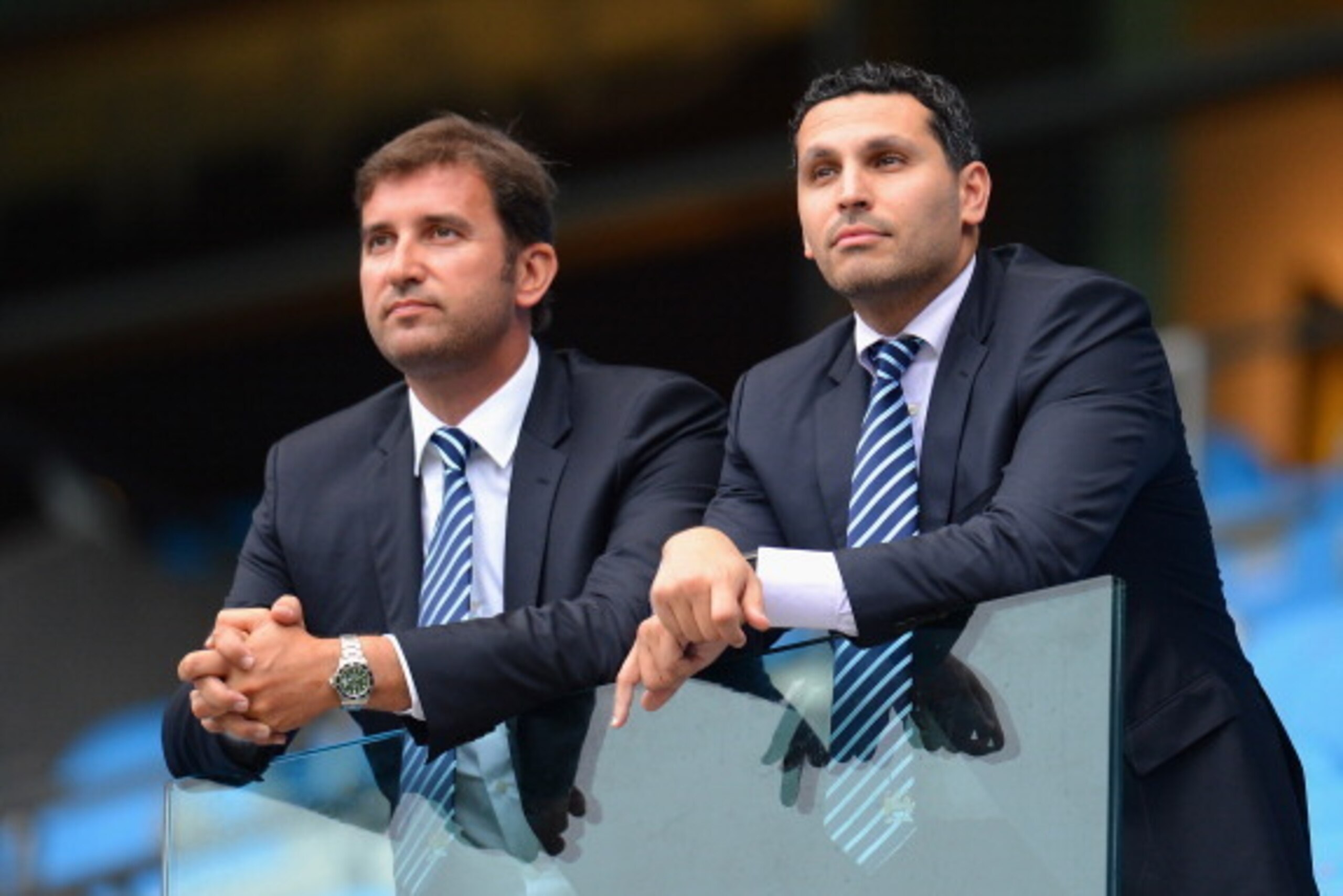 MANCHESTER, ENGLAND - AUGUST 19:  Manchester City Chairman Khaldoon Al Mubarak looks on with Manchester City Chief Executive Ferran Soriano (L) prior to the Barclays Premier League match between Manchester City and Southampton at Etihad Stadium on August 