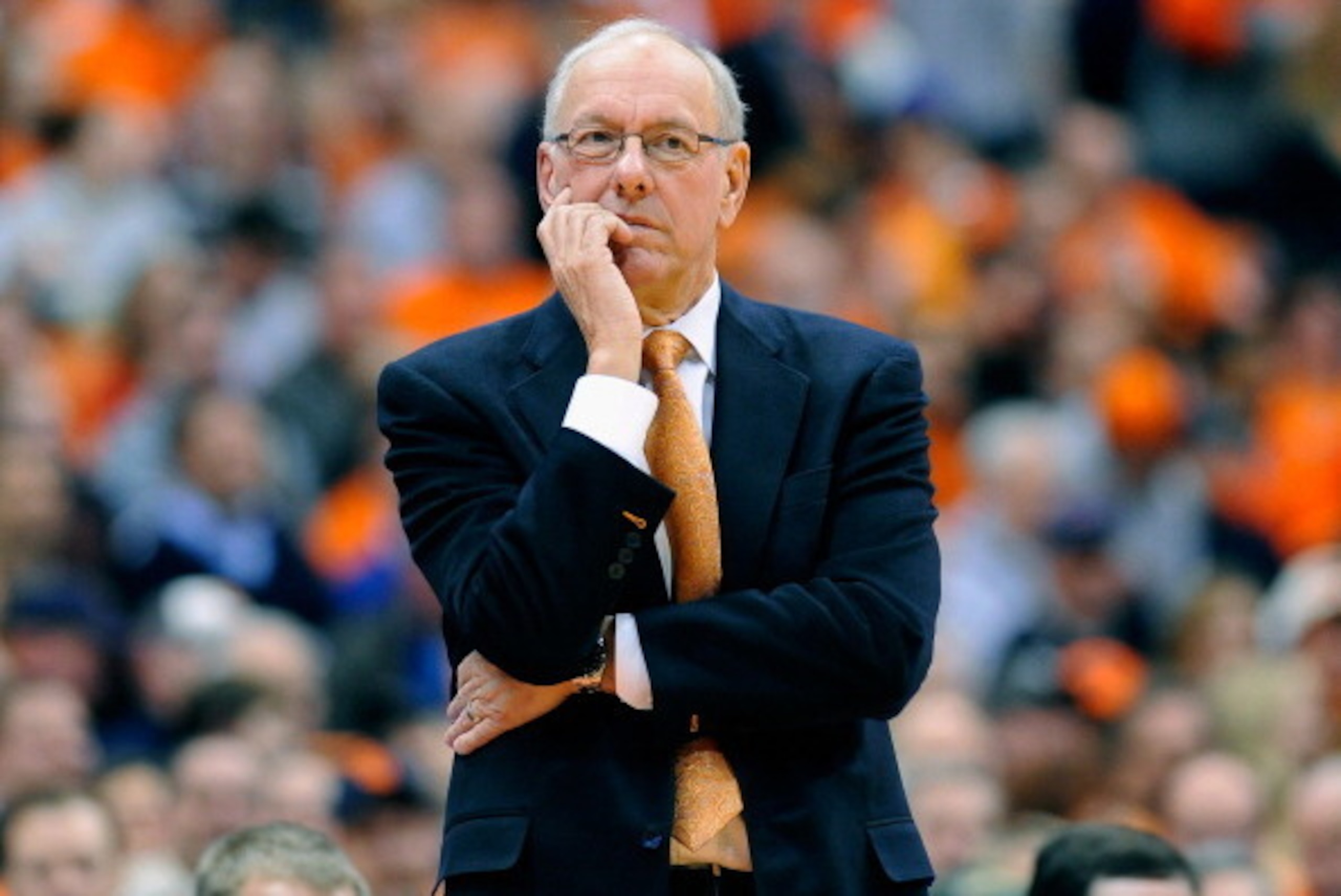 SYRACUSE, NY - MARCH 04:  Head coach Jim Boeheim of the Syracuse Orange looks on against the Georgia Tech Yellow Jackets during the second half at the Carrier Dome on March 4, 2014 in Syracuse, New York.  Georgia Tech defeated Syracuse 67-62.  (Photo by R