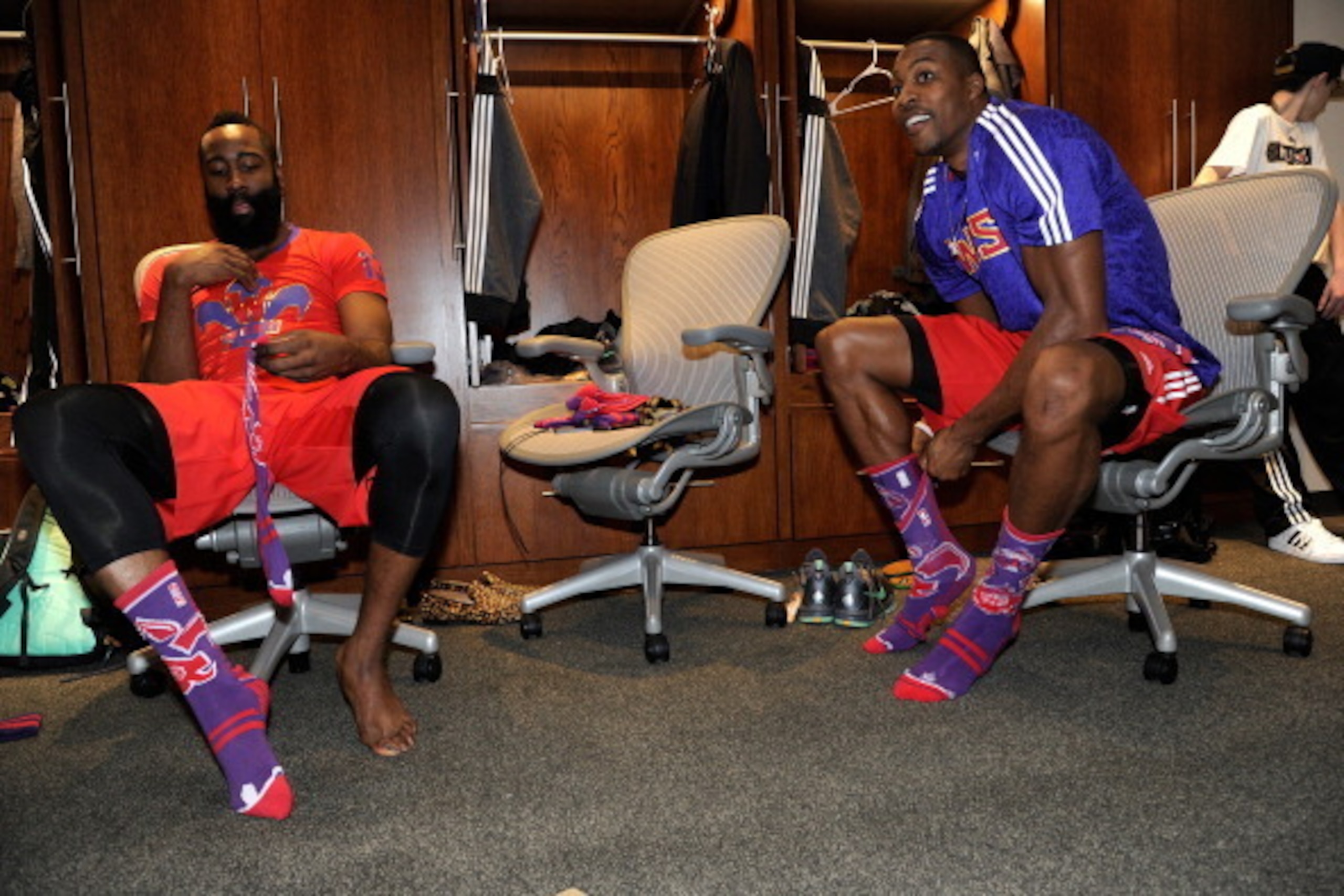 NEW ORLEANS, LA - FEBRUARY 16: James Harden #13 and Dwight Howard #12 of the Western Conference All-Stars prepare prior to the 2014 NBA All-Star Game at Smoothie King Center on February 16, 2014 in New Orleans, Louisiana. NOTE TO USER: User expressly ackn
