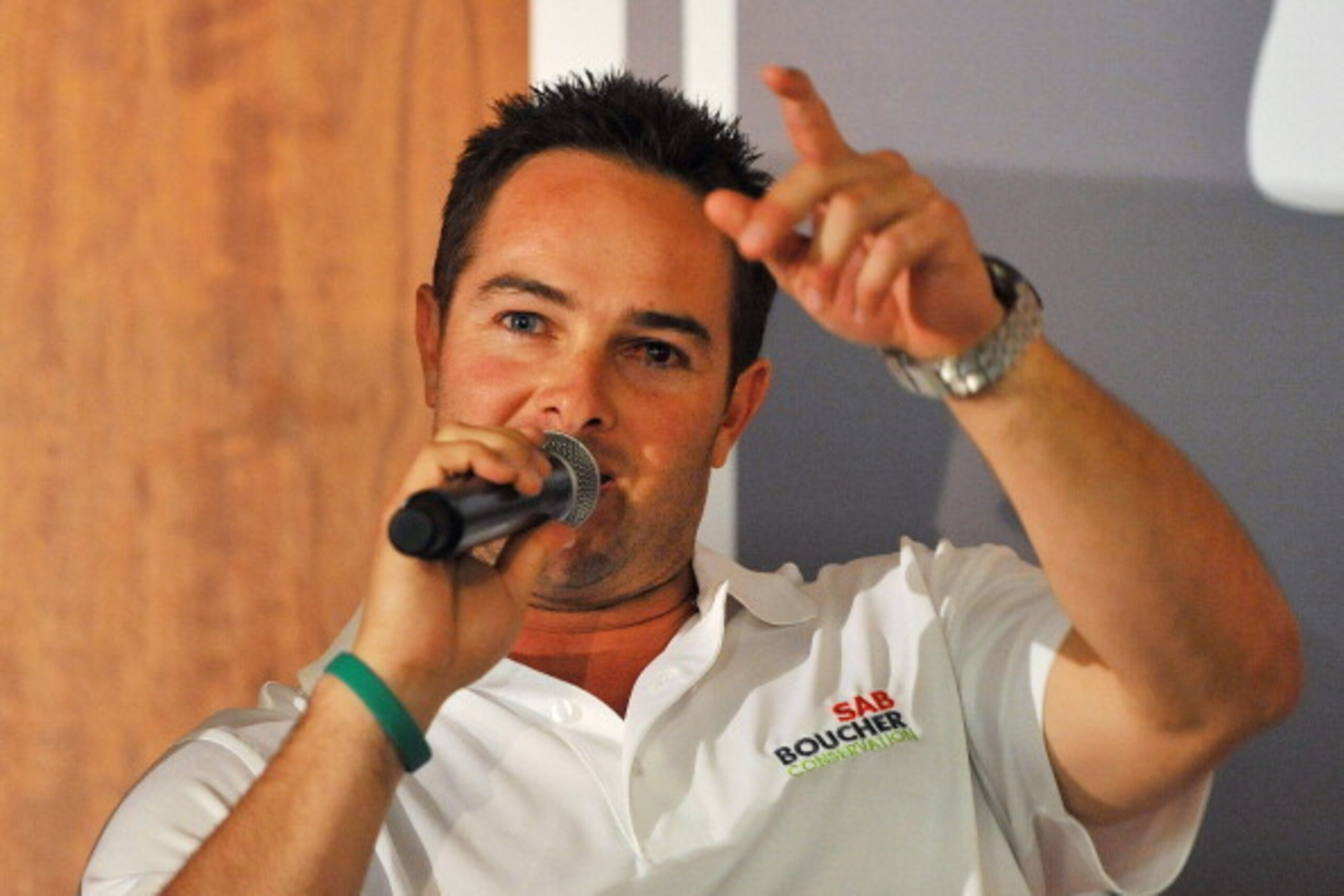 JOHANNESBURG, SOUTH AFRICA - OCTOBER 30:  Mark Boucher speaks during the SAB Boucher Conservation Launch at SAB Brewhouse on October 30, 2012 in Johannesburg, South Africa.  (Photo by Duif du Toit/Gallo Images/Getty Images)